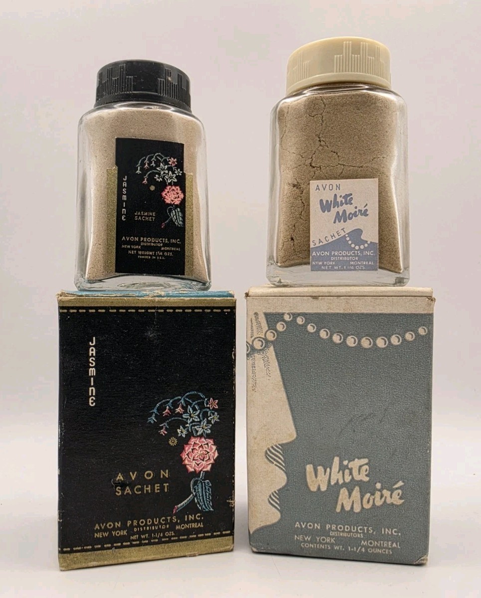 Vintage 1940's Avon Jasmine Sachet & White Moire Powder Bottles Decor Display US Vintage 1940's Avon Jasmine Sachet & White Moire Powder Bottles Decor Display US