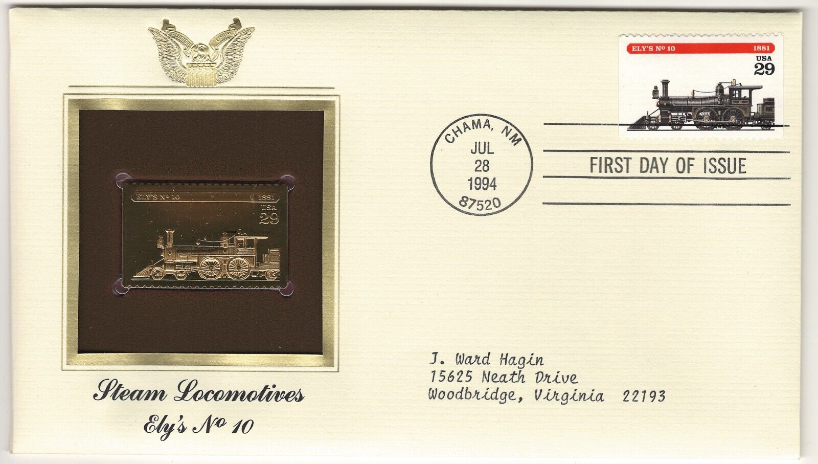1994 USA STEAM LOCOMOTIVES ELYS NO. 10 GOLD PLATED 29C STAMP COVER FDC