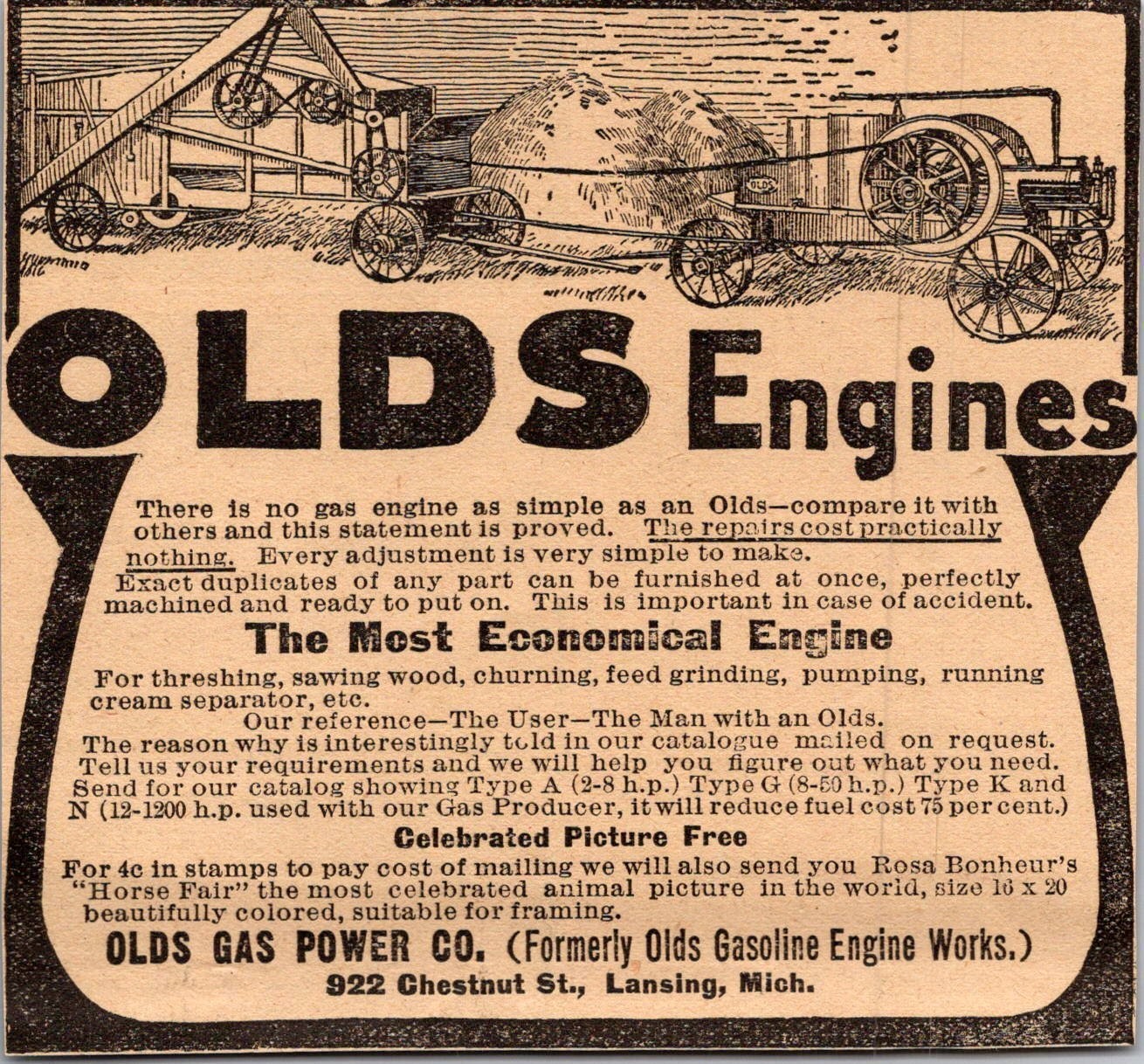 Olds Gas Power Co Olds Engines Chestnut Lansing MI 1906 Minneapolis Ad 5AK9-H6 Olds Gas Power Co Olds Engines Chestnut Lansing MI 1906 Minneapolis Ad 5AK9-H6