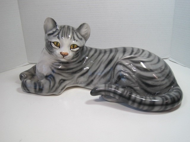 Large Vintage Mid 20th Century Ronzan Ceramic Gray Tabby Cat Italy Signed 16"