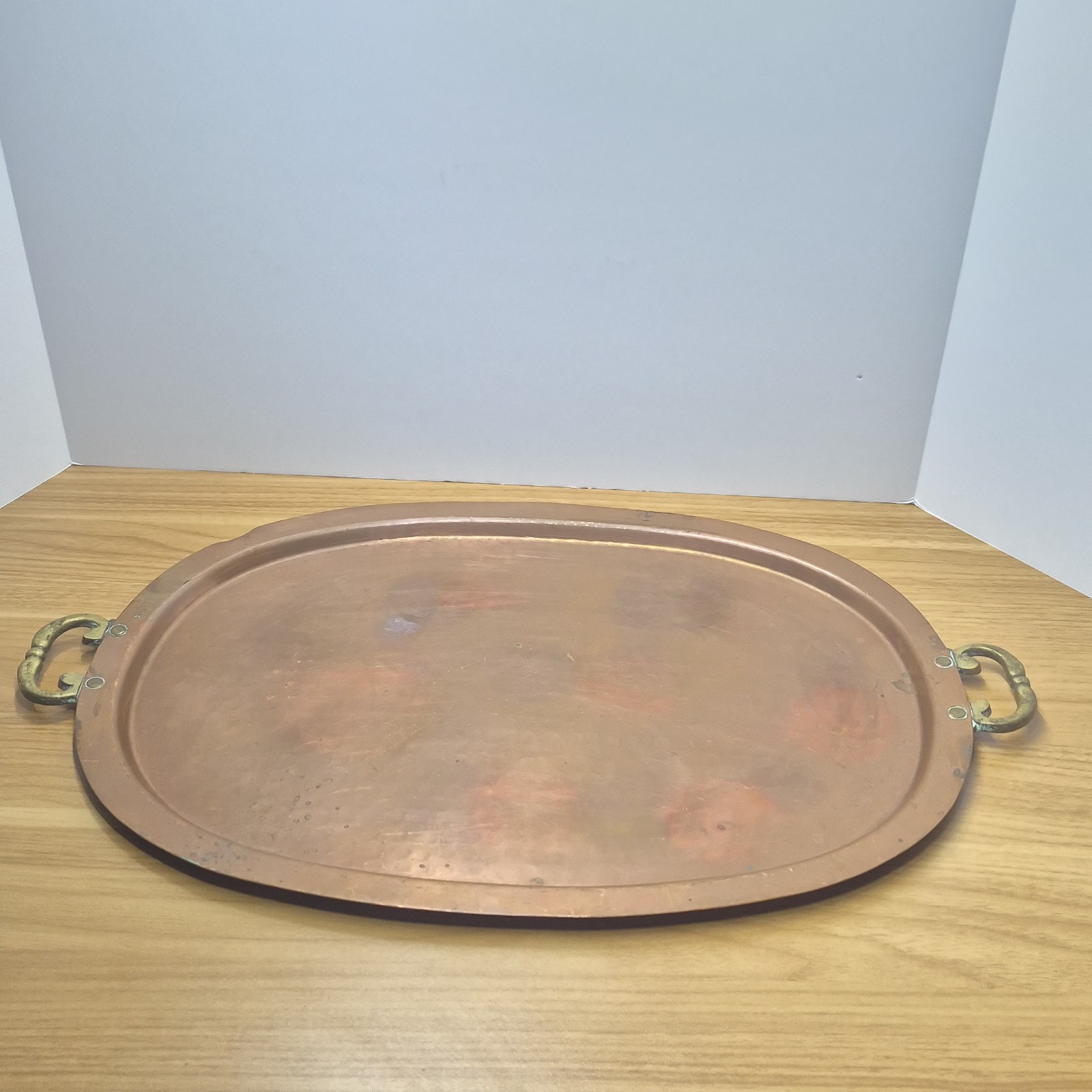 Vintage Large Oval Copper Serving Tray Brass Handles Softly Worn Patina 19" Vintage Large Oval Copper Serving Tray Brass Handles Softly Worn Patina 19"