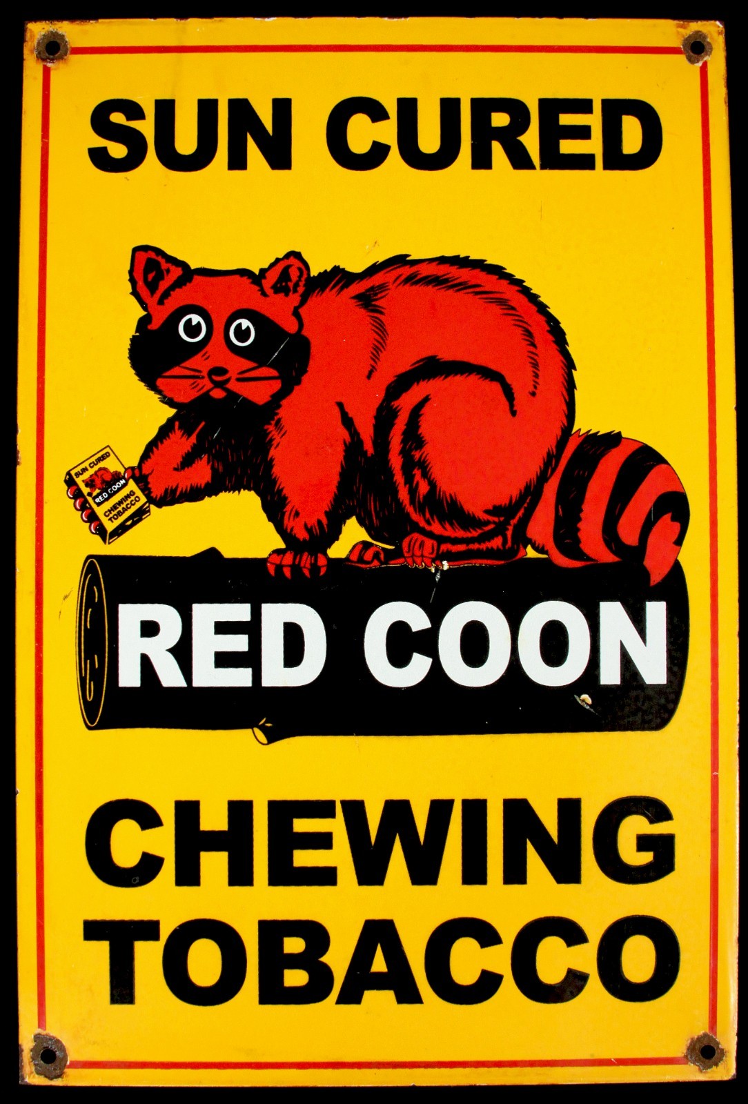 Vintage Red Coon Chewing Tobacco Enamel Metal Porcelain Sign 18" X 12" Sun Cured Vintage Red Coon Chewing Tobacco Enamel Metal Porcelain Sign 18" X 12" Sun Cured