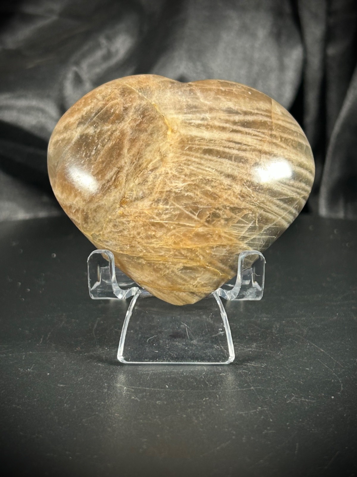 2.79" Black Peach Moonstone With Acrylic Stand 6.3oz (178 grams) 2.79" Black Peach Moonstone With Acrylic Stand 6.3oz (178 grams)