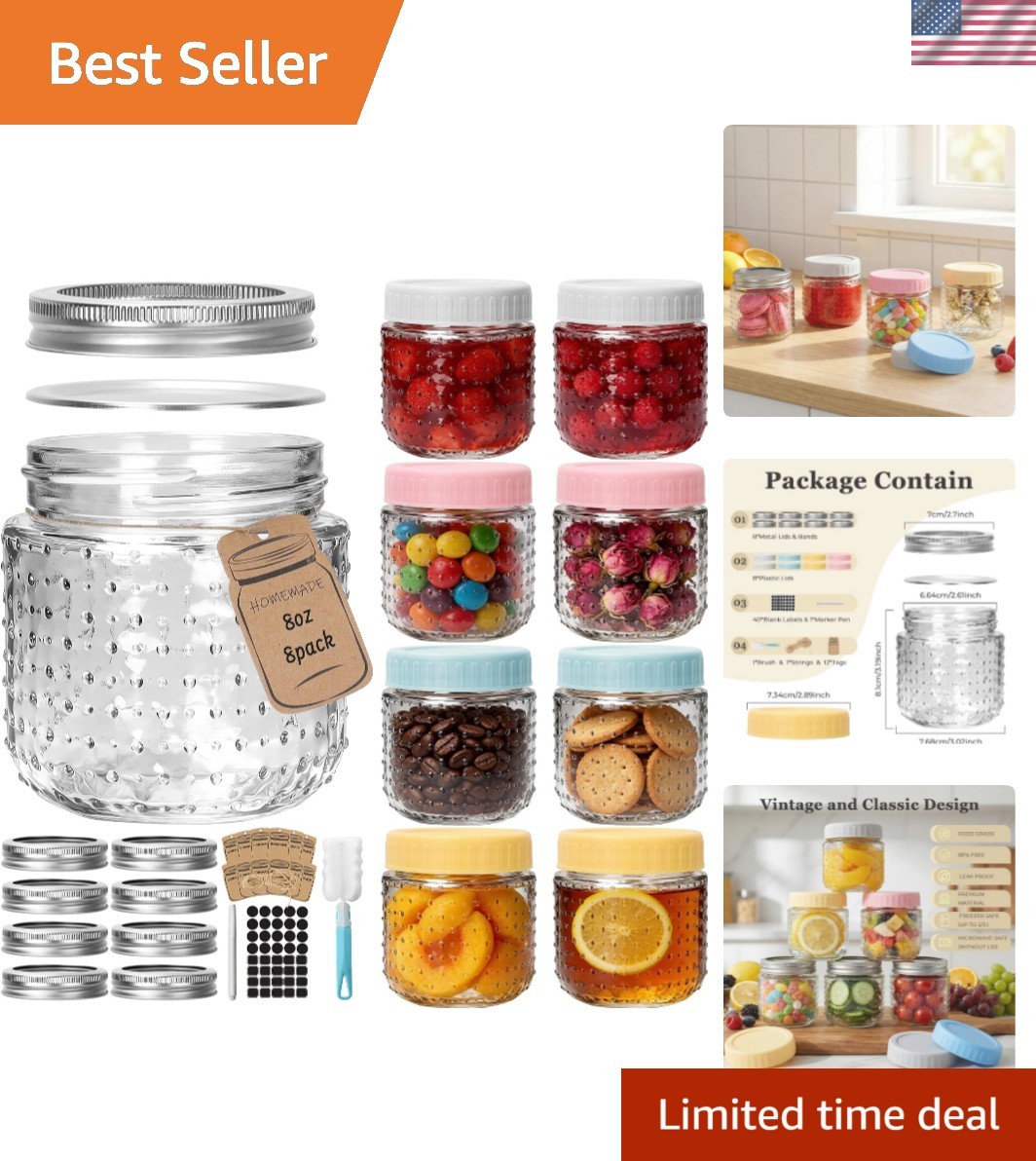 Versatile 8oz Glass Storage Jars - Hobnail Design with Metal & Plastic Lids