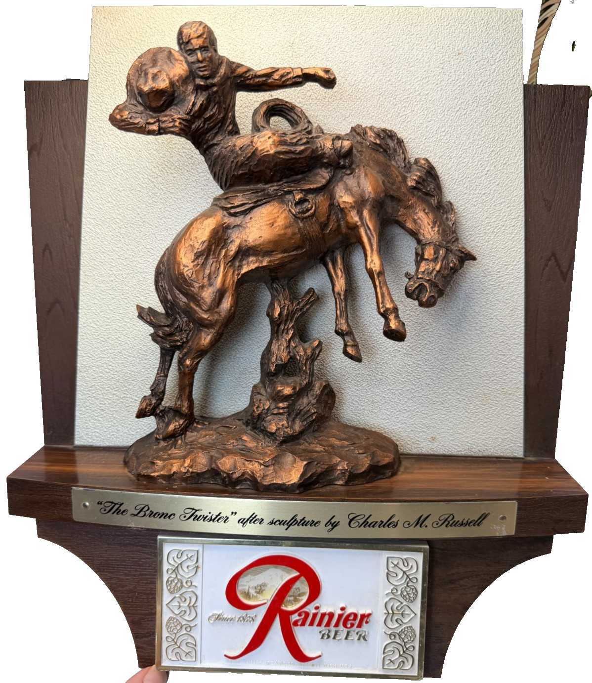 VTG Rainier Beer The Bronc Twister Charles M Russell Rare Wall Plaque Display VTG Rainier Beer The Bronc Twister Charles M Russell Rare Wall Plaque Display