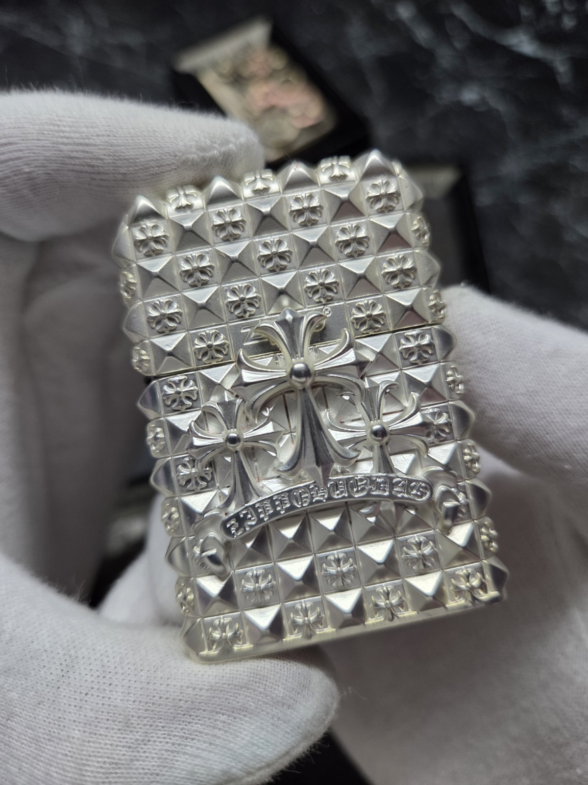 RARE HEAVY-DUTY GREY-PLATED Zippo Lighter Case - Gothic Design SALE -40%