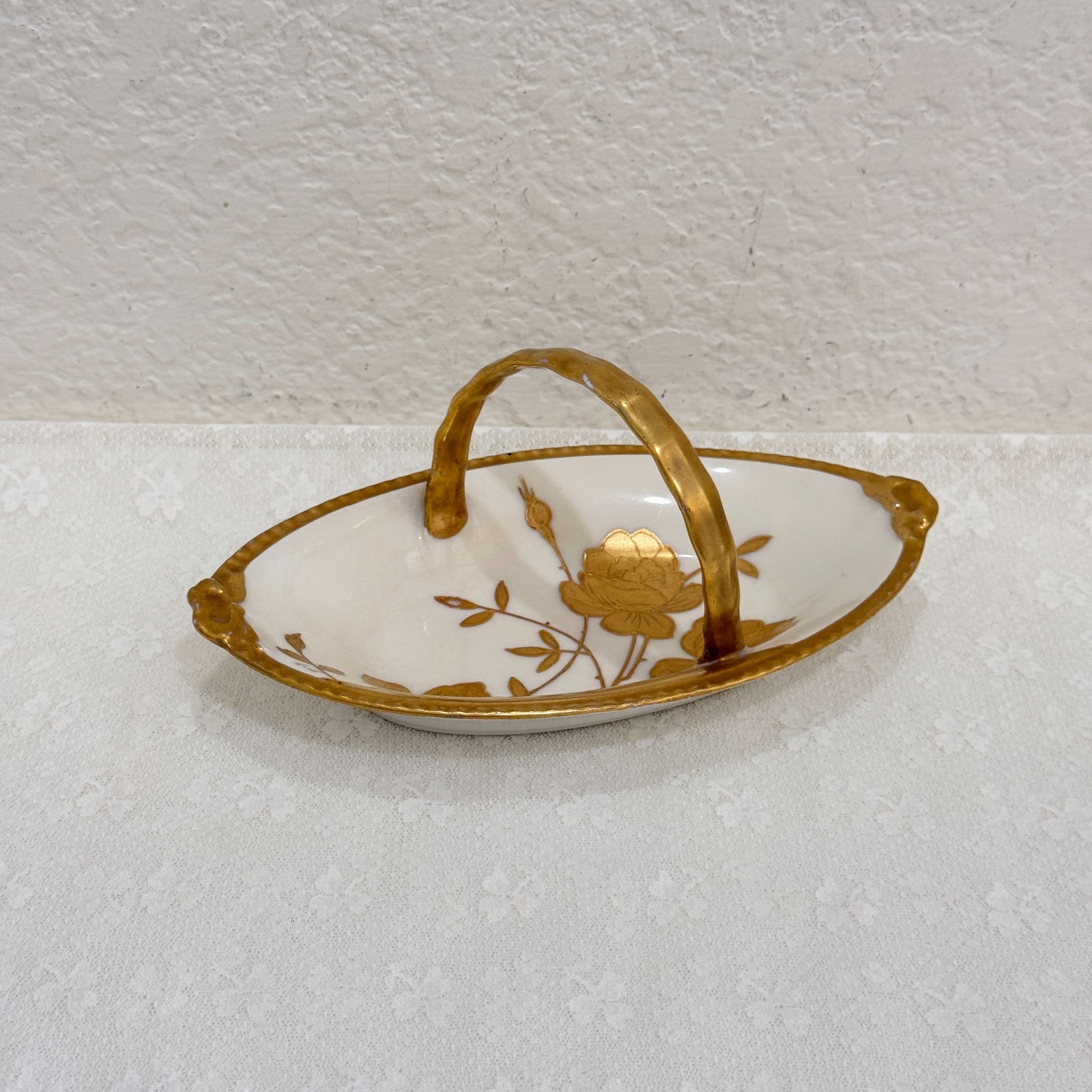 Antique LDBC Flambeau Limoges France Porcelain Basket Gold Roses Signed Dix Antique LDBC Flambeau Limoges France Porcelain Basket Gold Roses Signed Dix