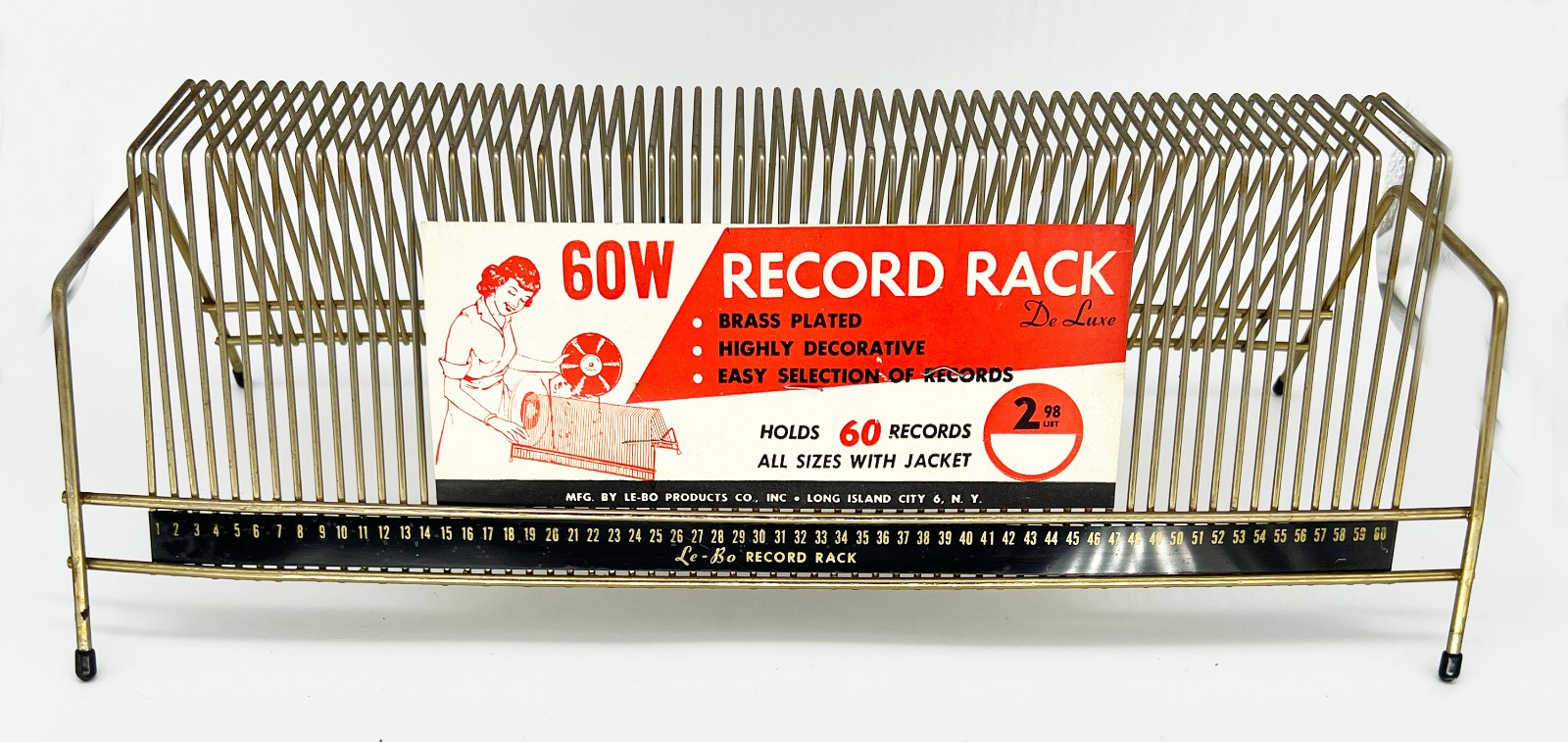 VTG. MCM LE-BO 60 Slot Record Rack W/ Original Label Brass Color 1960s USA Made VTG. MCM LE-BO 60 Slot Record Rack W/ Original Label Brass Color 1960s USA Made