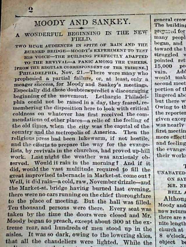 Ira D. & Dwight Lyman MOODY AND SANKEY Evangelists Campaigns 1875 old Newspaper Ira D. & Dwight Lyman MOODY AND SANKEY Evangelists Campaigns 1875 old Newspaper