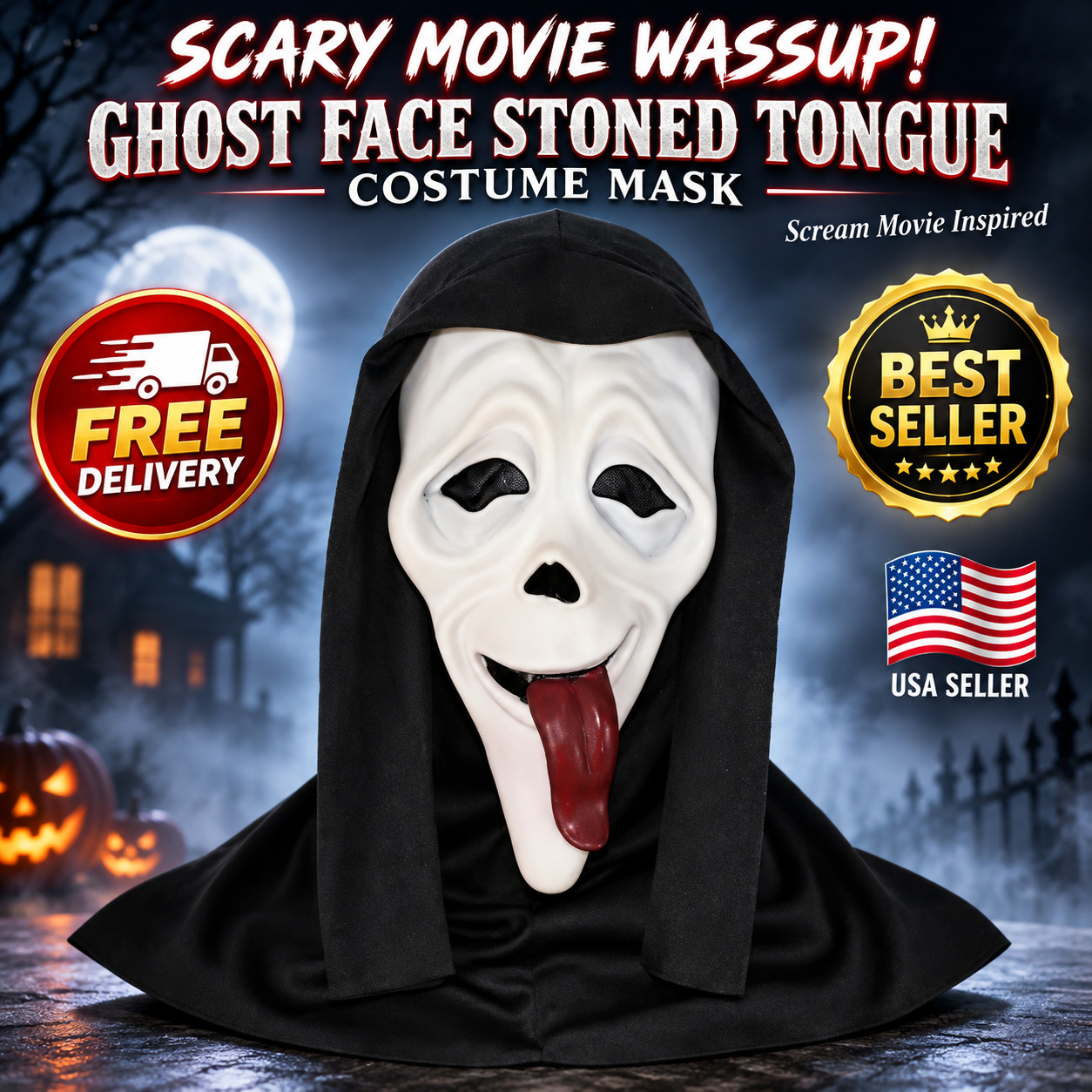 SCARY MOVIE WASSUP GHOST FACE STONED TONGUE COSTUME MASK . Scream Movie