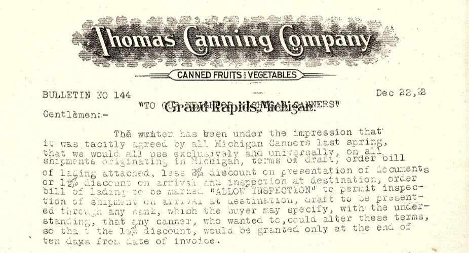 1922 THOMAS CANNING CO GRAND RAPIDS MI PRO-PRICE FIXING LETTER BILLHEAD Z7007 1922 THOMAS CANNING CO GRAND RAPIDS MI PRO-PRICE FIXING LETTER BILLHEAD Z7007