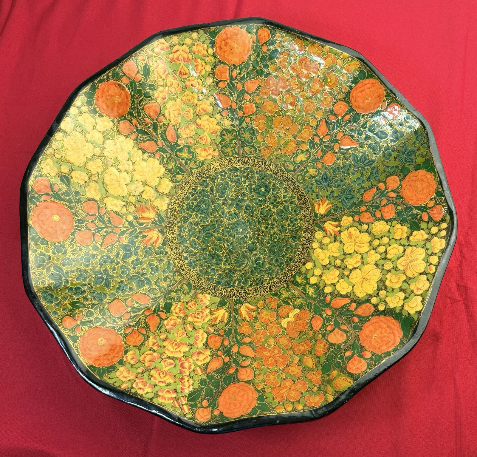Vtg Kashmiri Papier Mache Wood Bowl 13” Hand Painted Millefleur Floral India￼