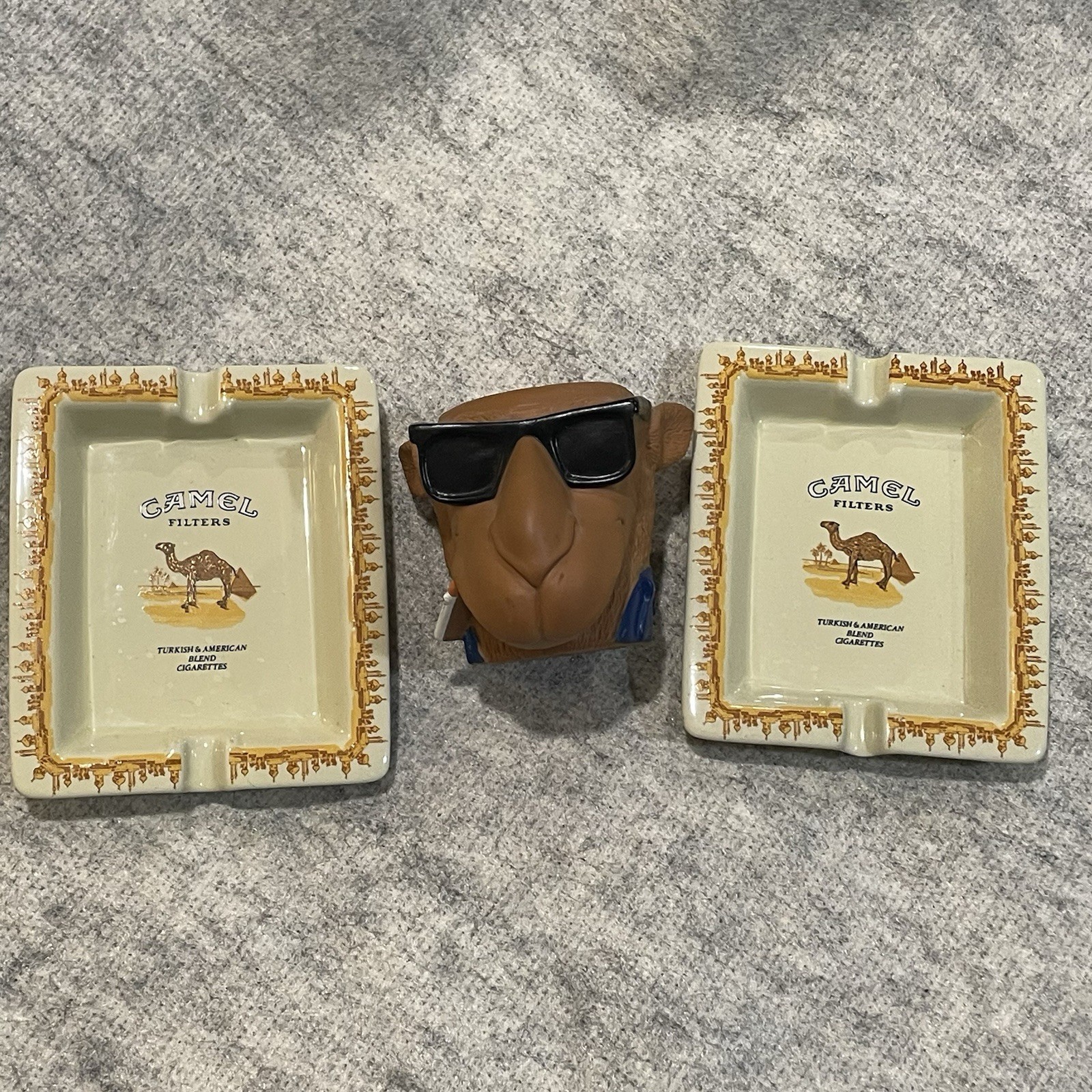 Vintage Camel Cigarettes Ceramic Ashtrays & Joe Camel Head Can Koozie Lot Vintage Camel Cigarettes Ceramic Ashtrays & Joe Camel Head Can Koozie Lot