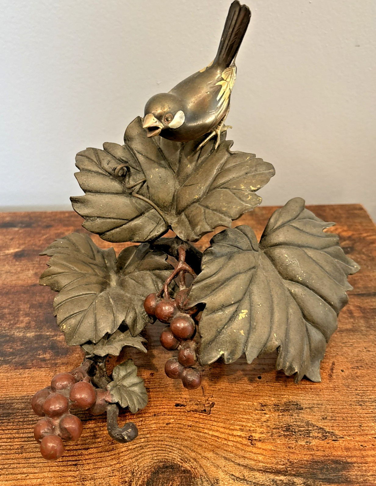 Vintage Bronze Bird on Grape Vine Leaves Antique Sculpture 8" x 8" x 6" Signed