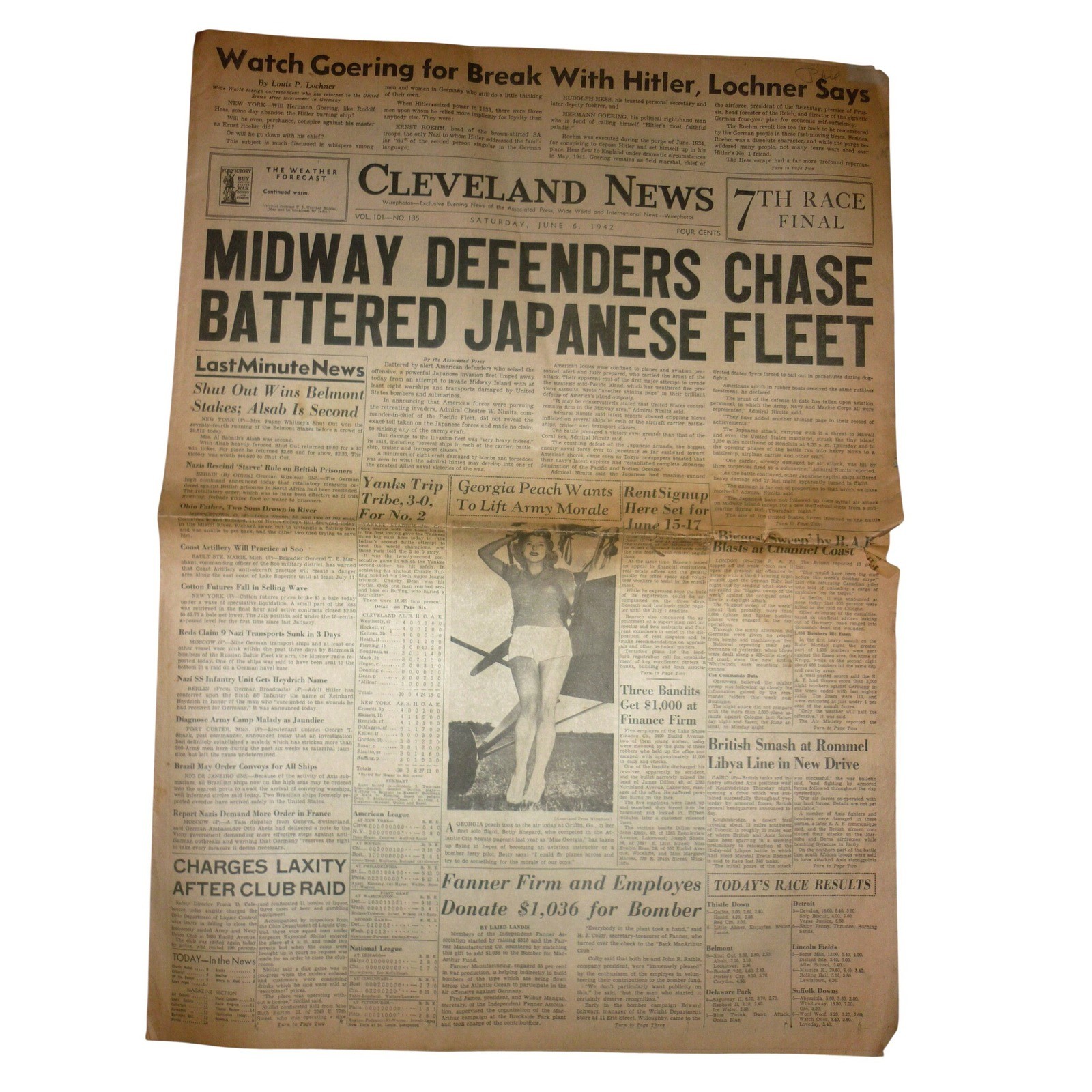 Vintage June 6 1942 Cleveland News Newspaper WWII Battle of Midway Victory Vintage June 6 1942 Cleveland News Newspaper WWII Battle of Midway Victory