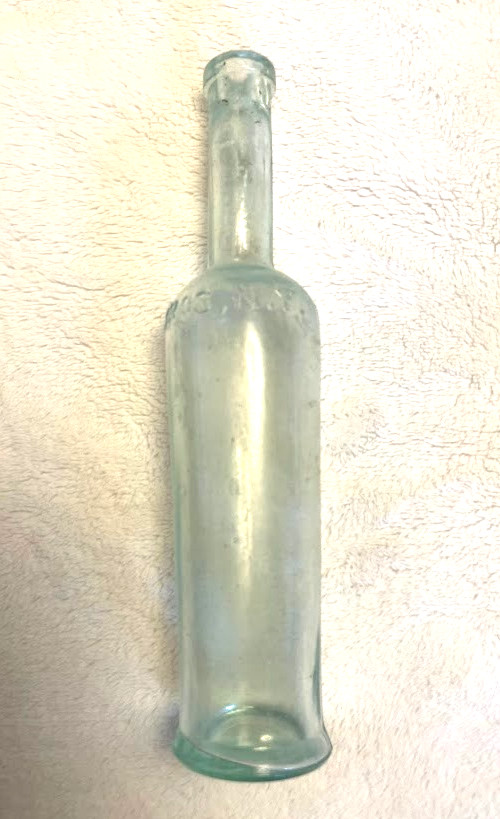 ANTIQUE 1900s WALTEMADE BROS. NEW YORK green GLASS BOTTLE 8" tall vtg