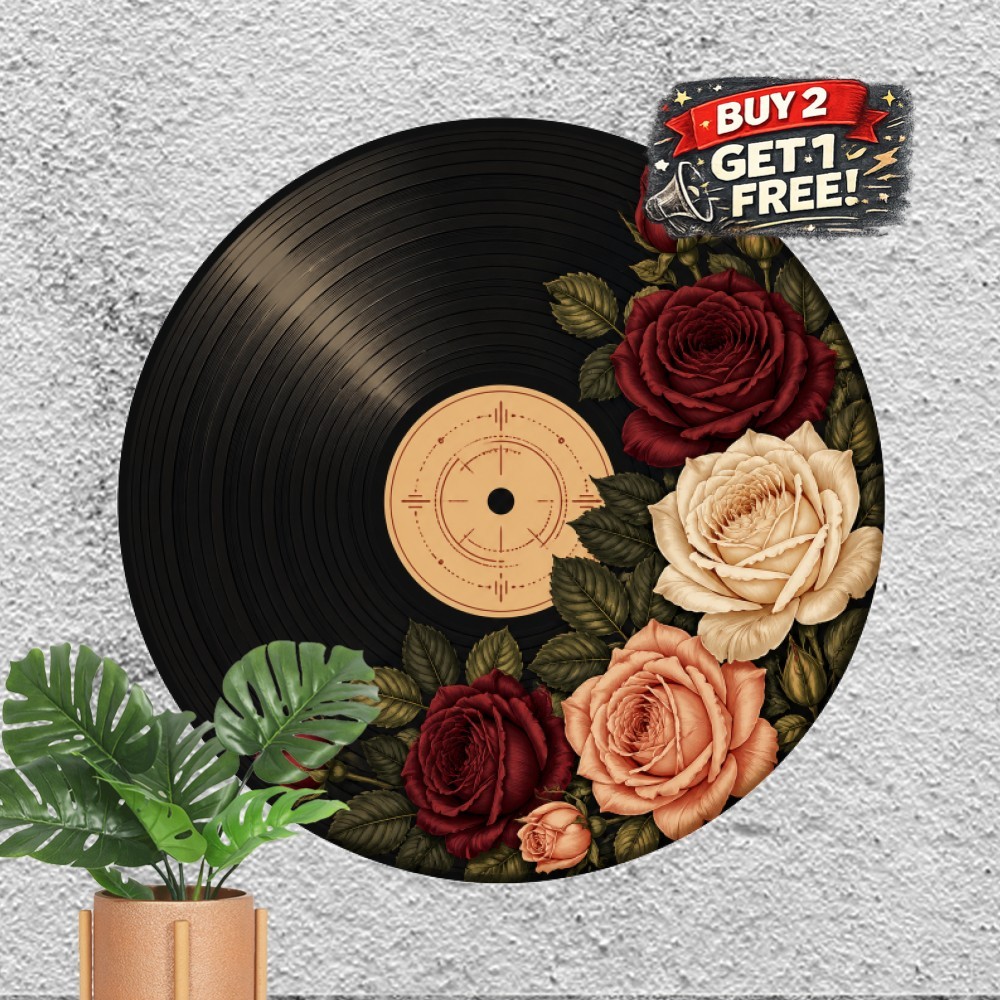 Vintage Vinyl Record And Rose Tin Sign Round Retro Music Lounge Metal Plaque Vintage Vinyl Record And Rose Tin Sign Round Retro Music Lounge Metal Plaque
