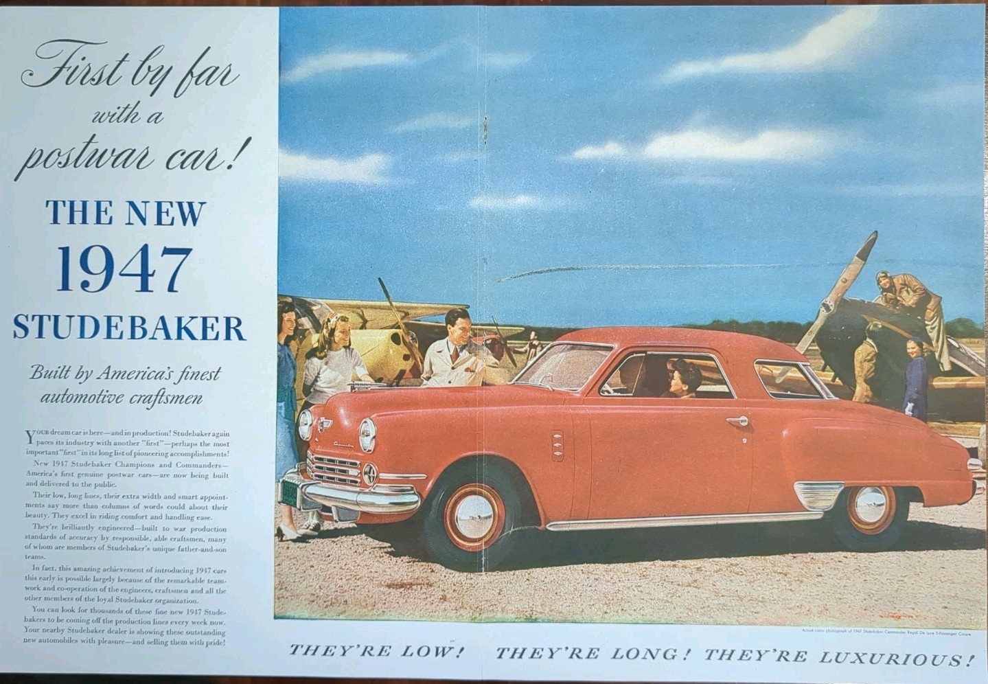 1946 Studebaker Post WWll Print Ad, Red Car With Fighter Airplane 
