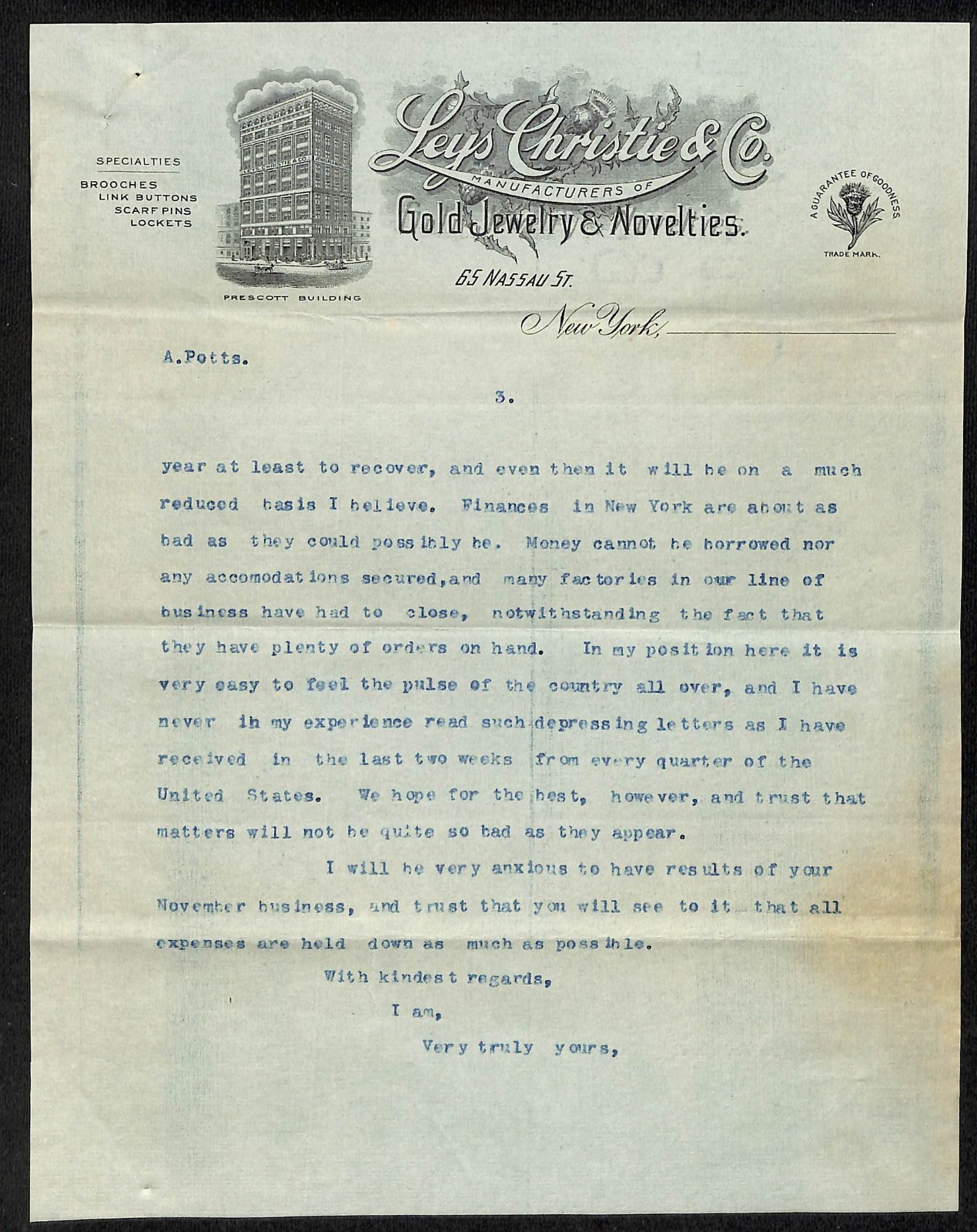 c1900 Leys Christie & Co Jewelry 65 Nassau St NYC Partial TLS Letterhead