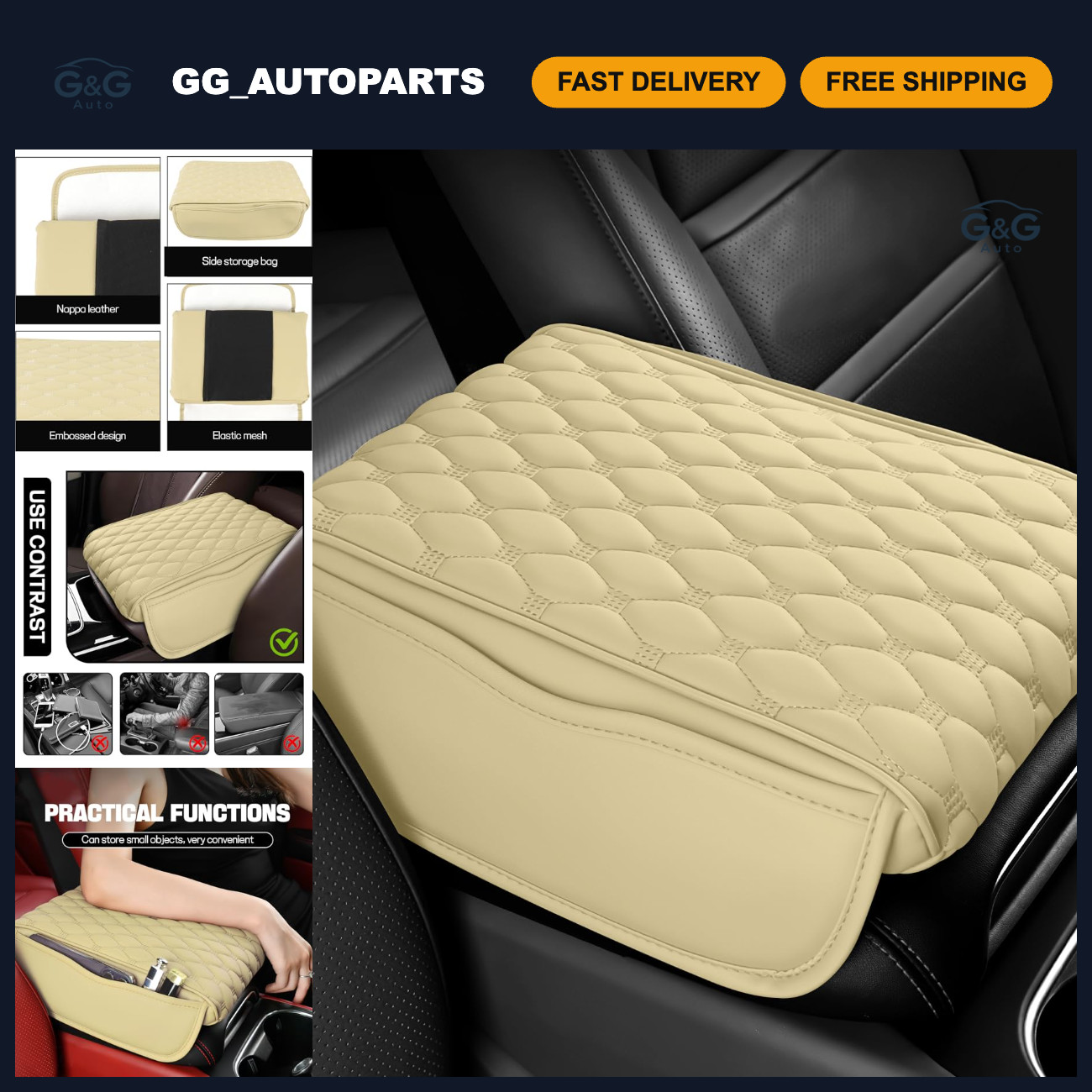 wuyaoyao Car Center Console Cover, Armrest Cushion w/ 2 Storage Bags, Beige wuyaoyao Car Center Console Cover, Armrest Cushion w/ 2 Storage Bags, Beige