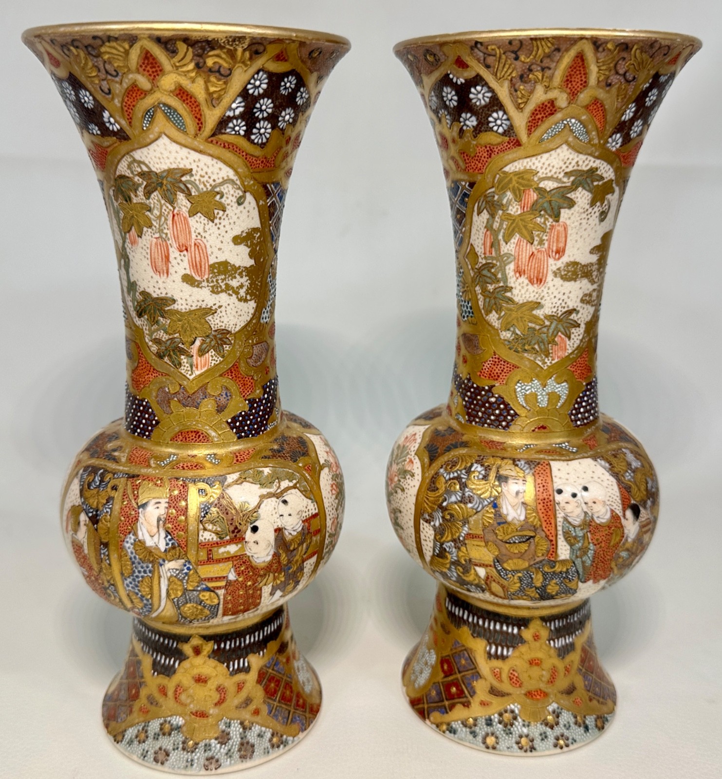 Pair Ornate Antique Japanese Satsuma Pottery Trumpet Cabinet Vases Moriage Meji?