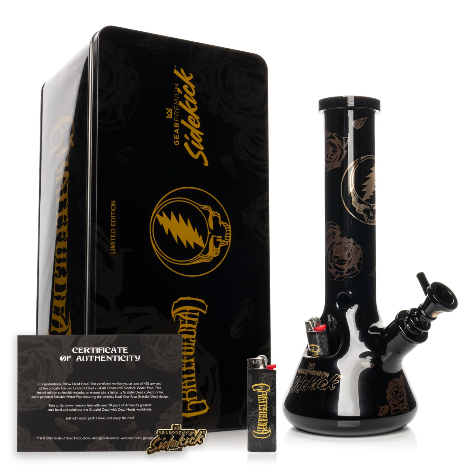 GRATEFUL DEAD 12" Black & Gold Steal Your Face Sidekick Water Pipe