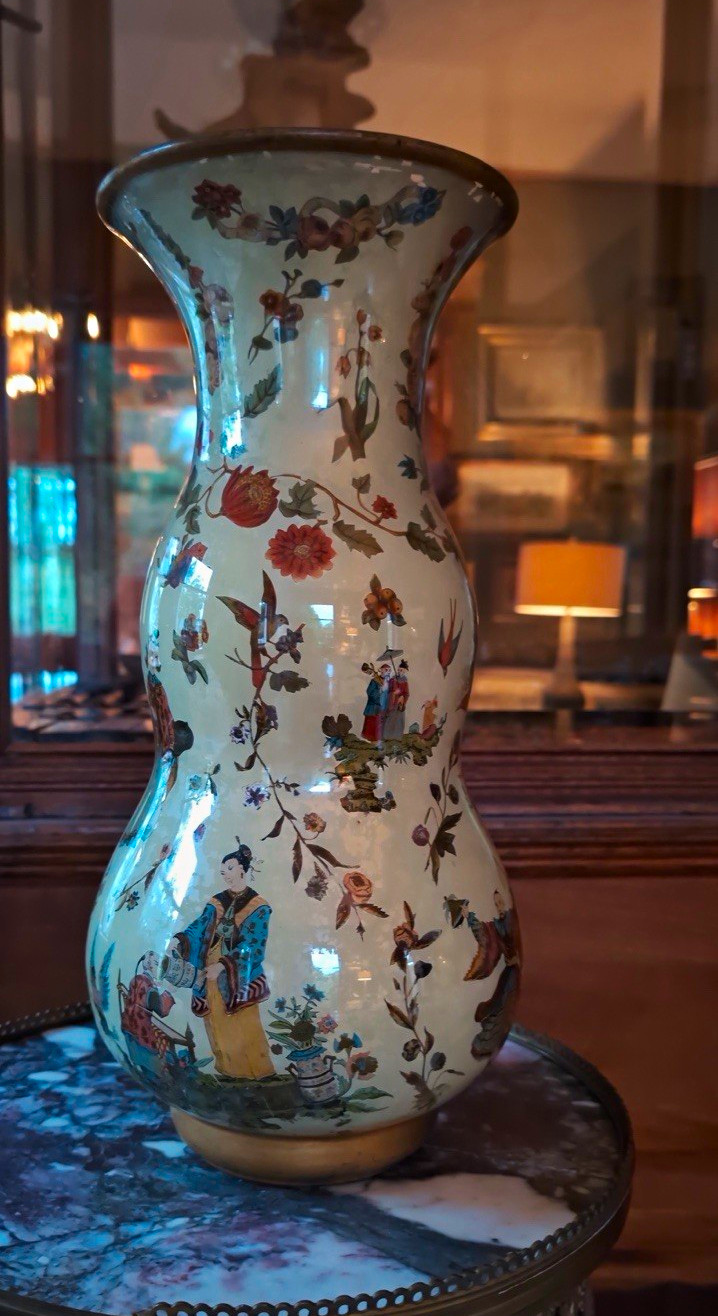 Antique Fine Decoupage under glass vase 16” England France Potichomania Antique Fine Decoupage under glass vase 16” England France Potichomania