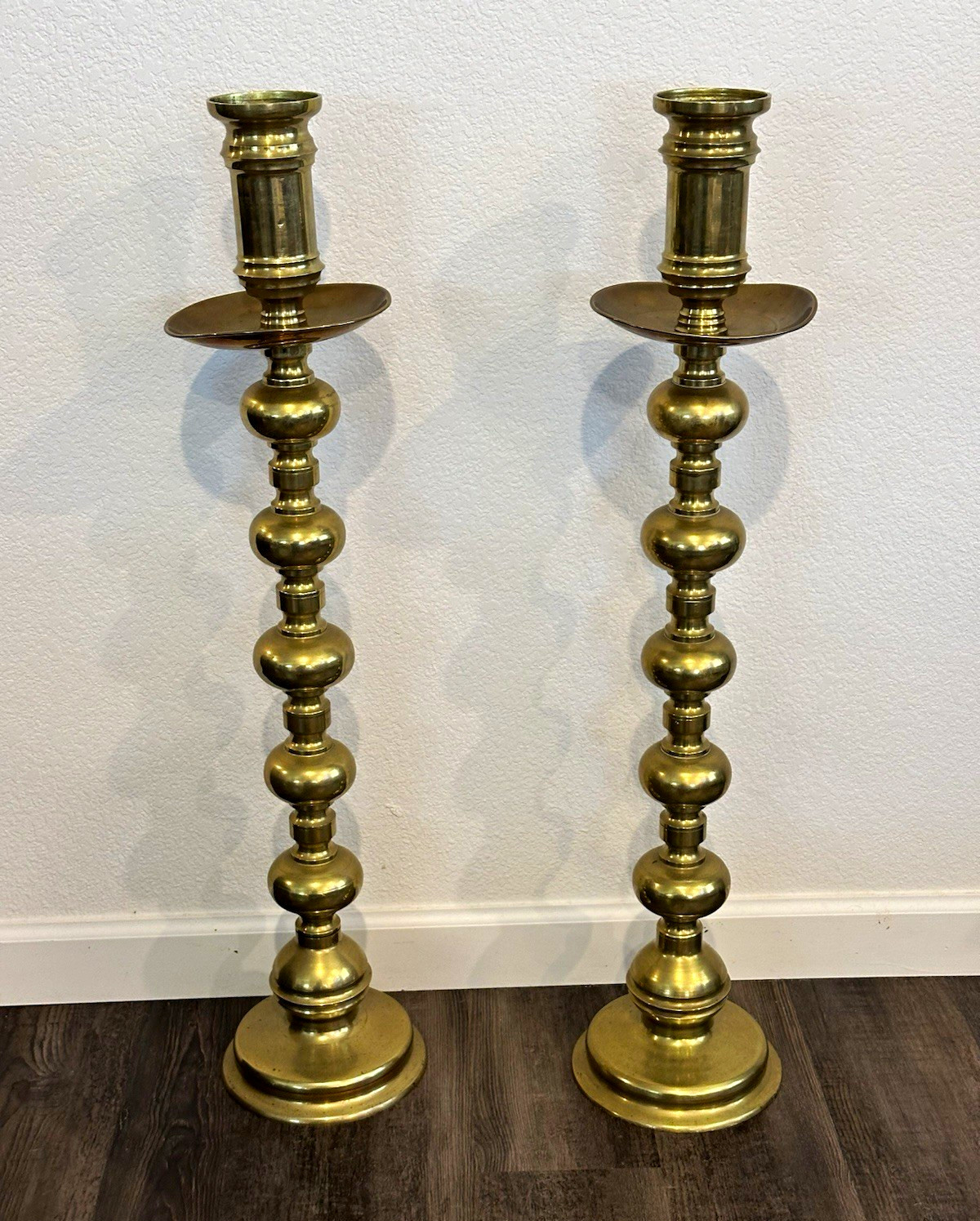 Vtg 32.5" Brass Floor Candlesticks Pair Tall Altar Statement Candle Holders Vtg 32.5" Brass Floor Candlesticks Pair Tall Altar Statement Candle Holders