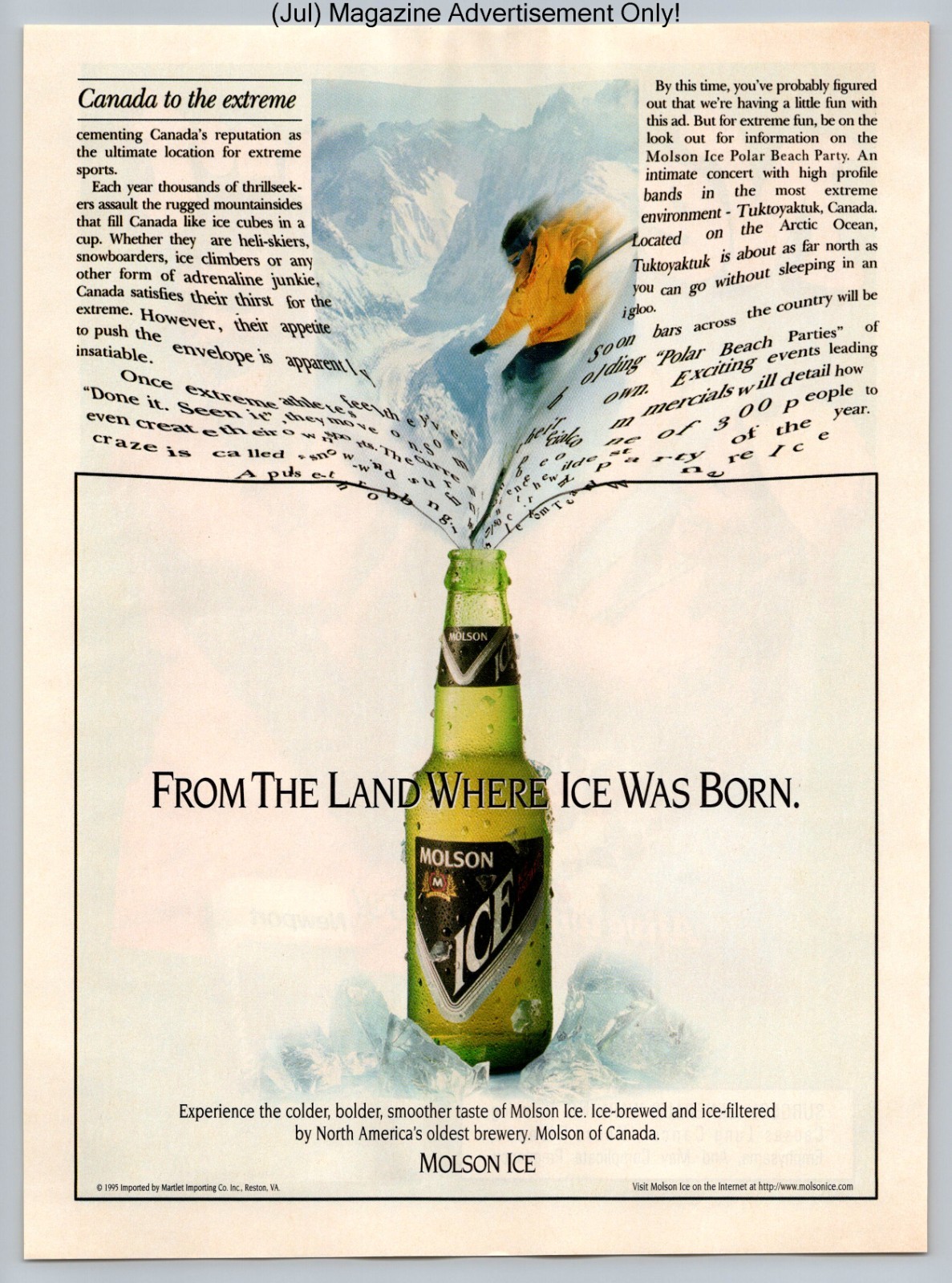 Molson Ice Beer Bottle Canada Extreme Snowboarder Vintage 1995 Advertisement