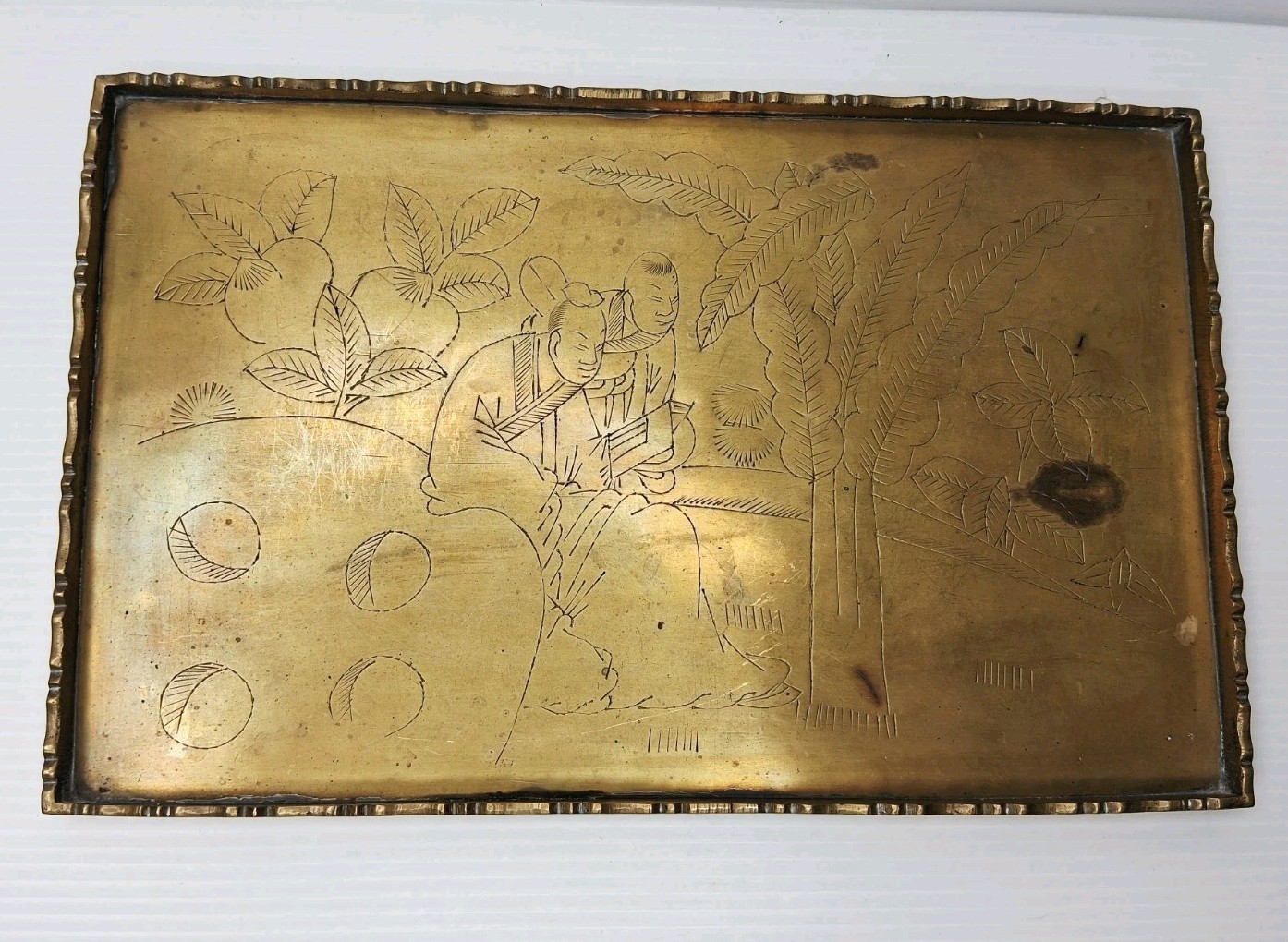 Brass Tray Etched Asian with Scalloped Edging 10.5" x 6.5" Vintage Heavy Solid
