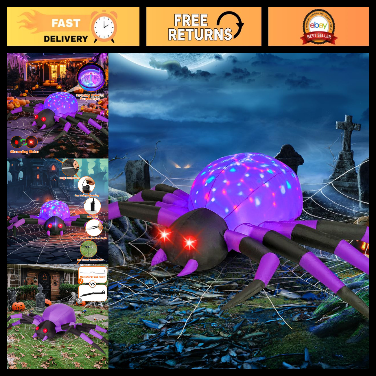 9FT Halloween Inflatable Purple Spider Yard Decoration with LED Lights, Outdoor 9FT Halloween Inflatable Purple Spider Yard Decoration with LED Lights, Outdoor