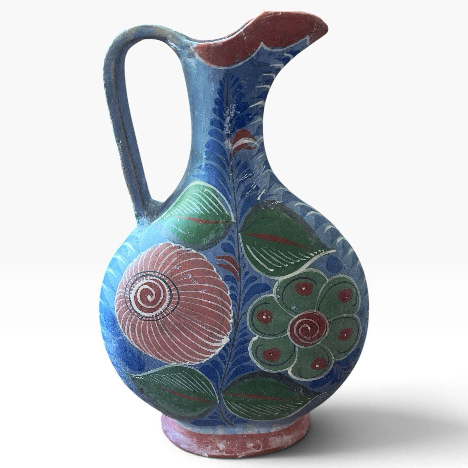 Vintage Tlaquepaque Mexican Pottery Large Pitcher Rare Matte Blue Folk Art 1930s Vintage Tlaquepaque Mexican Pottery Large Pitcher Rare Matte Blue Folk Art 1930s