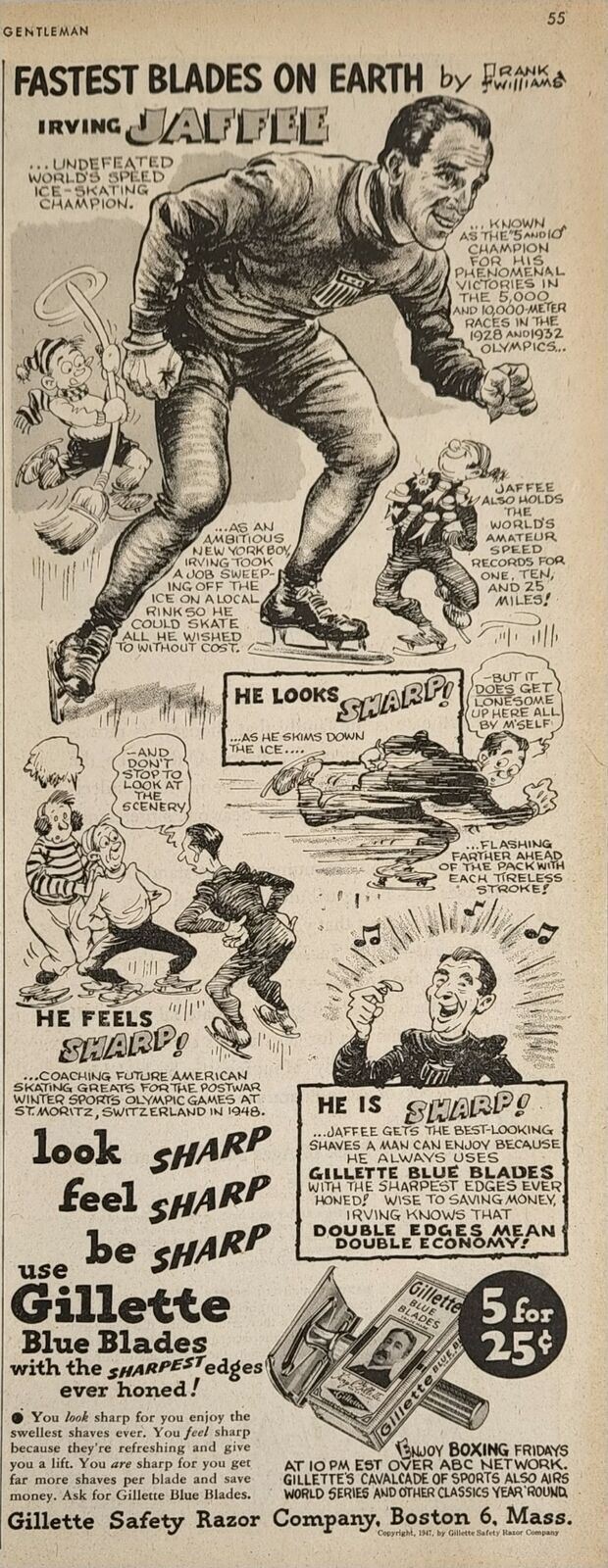 1947 Print Ad Gillette Blue Razor Blades Irving Jaffe Fastest Skater Boston,MA 1947 Print Ad Gillette Blue Razor Blades Irving Jaffe Fastest Skater Boston,MA