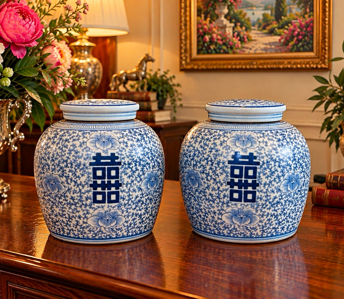 Pair Vintage Chinese Blue White Double Happiness Porcelain Ginger Jars Lidded