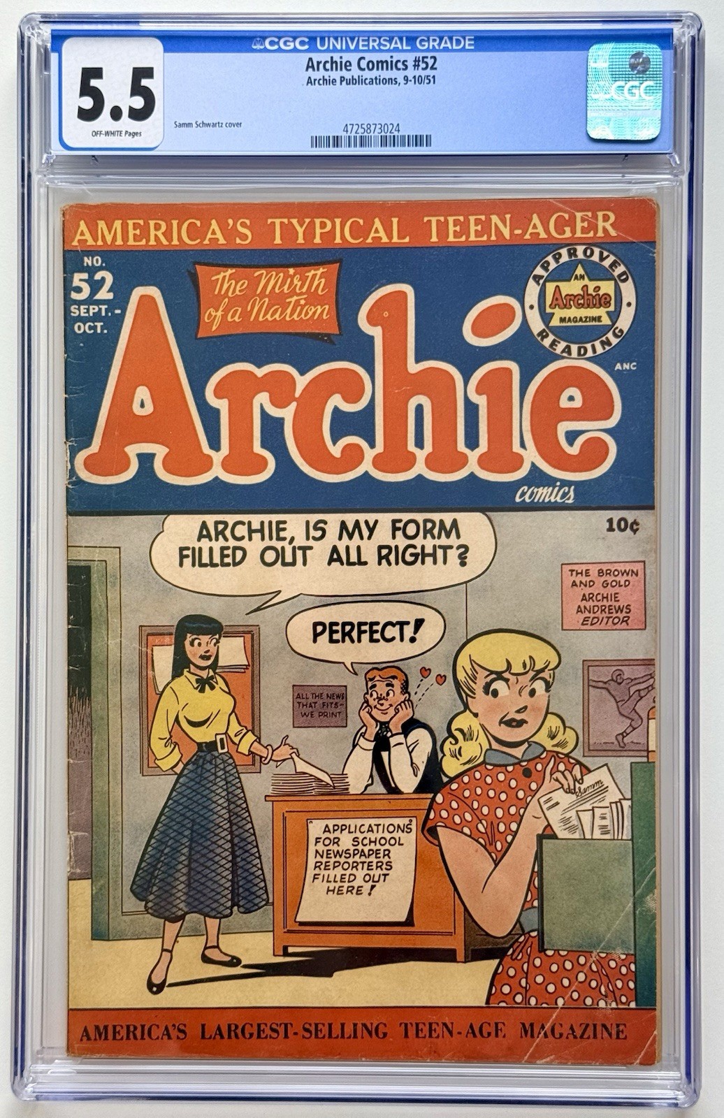 ARCHIE COMICS #52 β CGC 5.5 * 1951 BETTY & VERONICA FEUD π₯ PERFECT FORM π ARCHIE COMICS #52 β CGC 5.5 * 1951 BETTY & VERONICA FEUD π₯ PERFECT FORM π