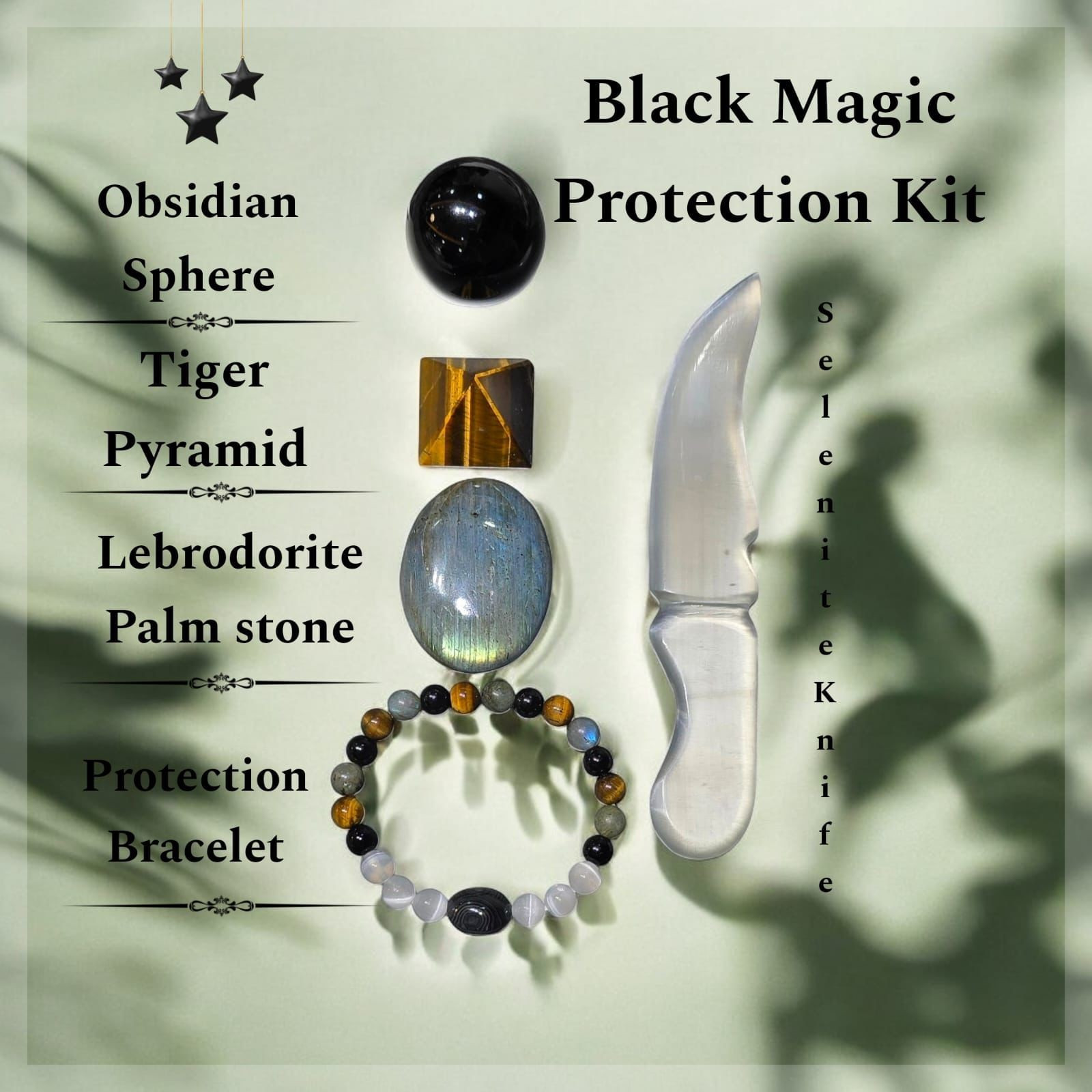 Black Magic Protection Stone Kit For Protection  Selenite Knife,Obsidian Sphere