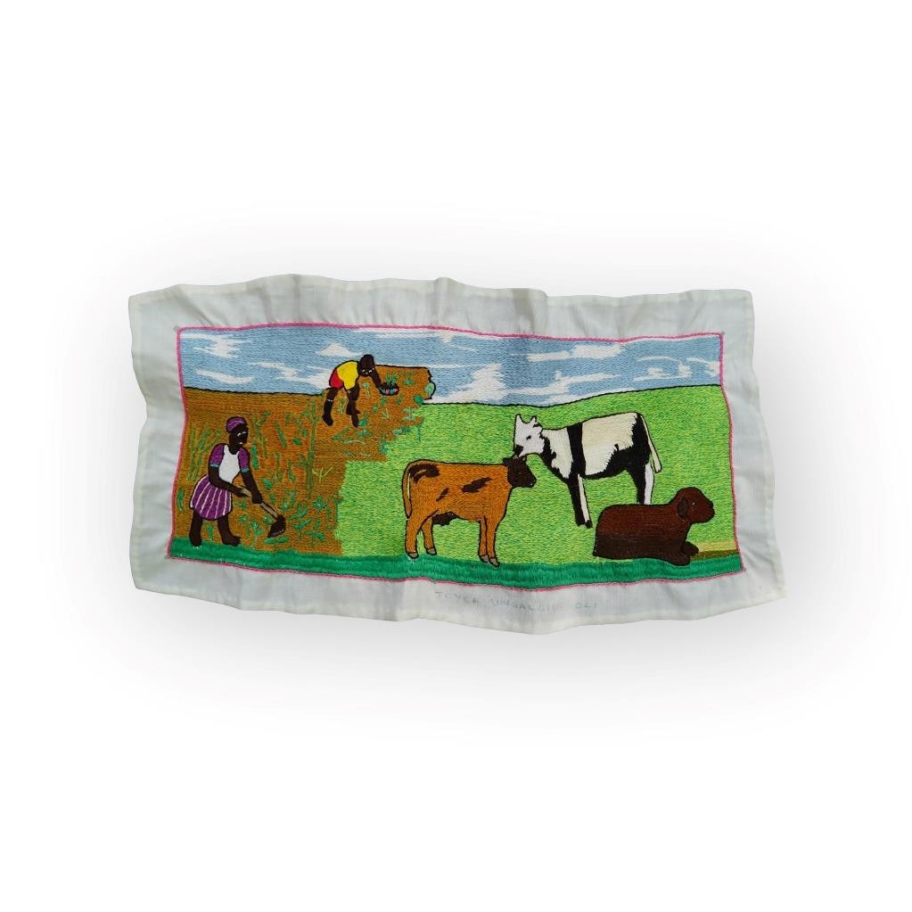 African Fabric Embroidery Panel Farming Scene