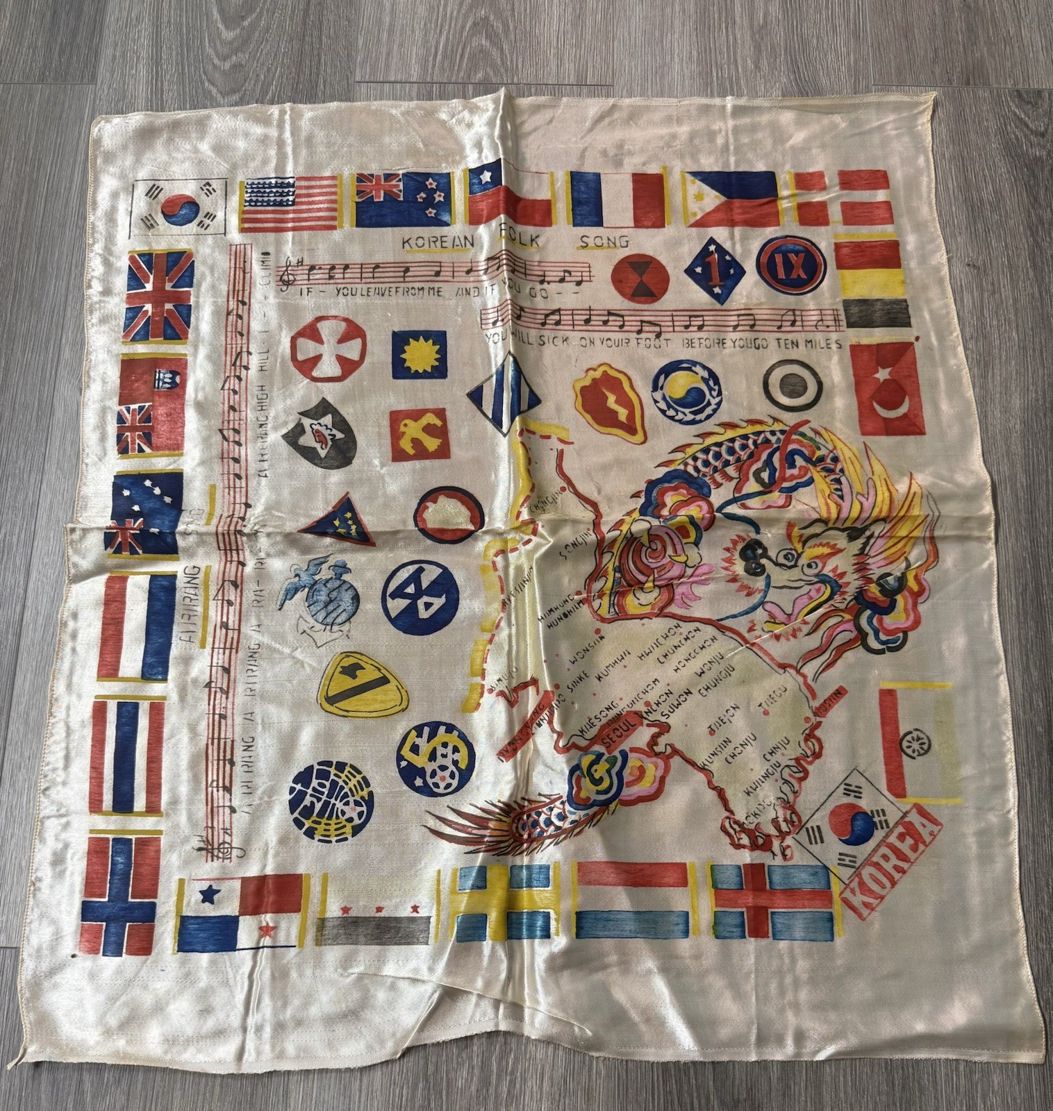 Vintage Silk Korea Souvenir Scarf Map Army Folk Song Dragon Flags