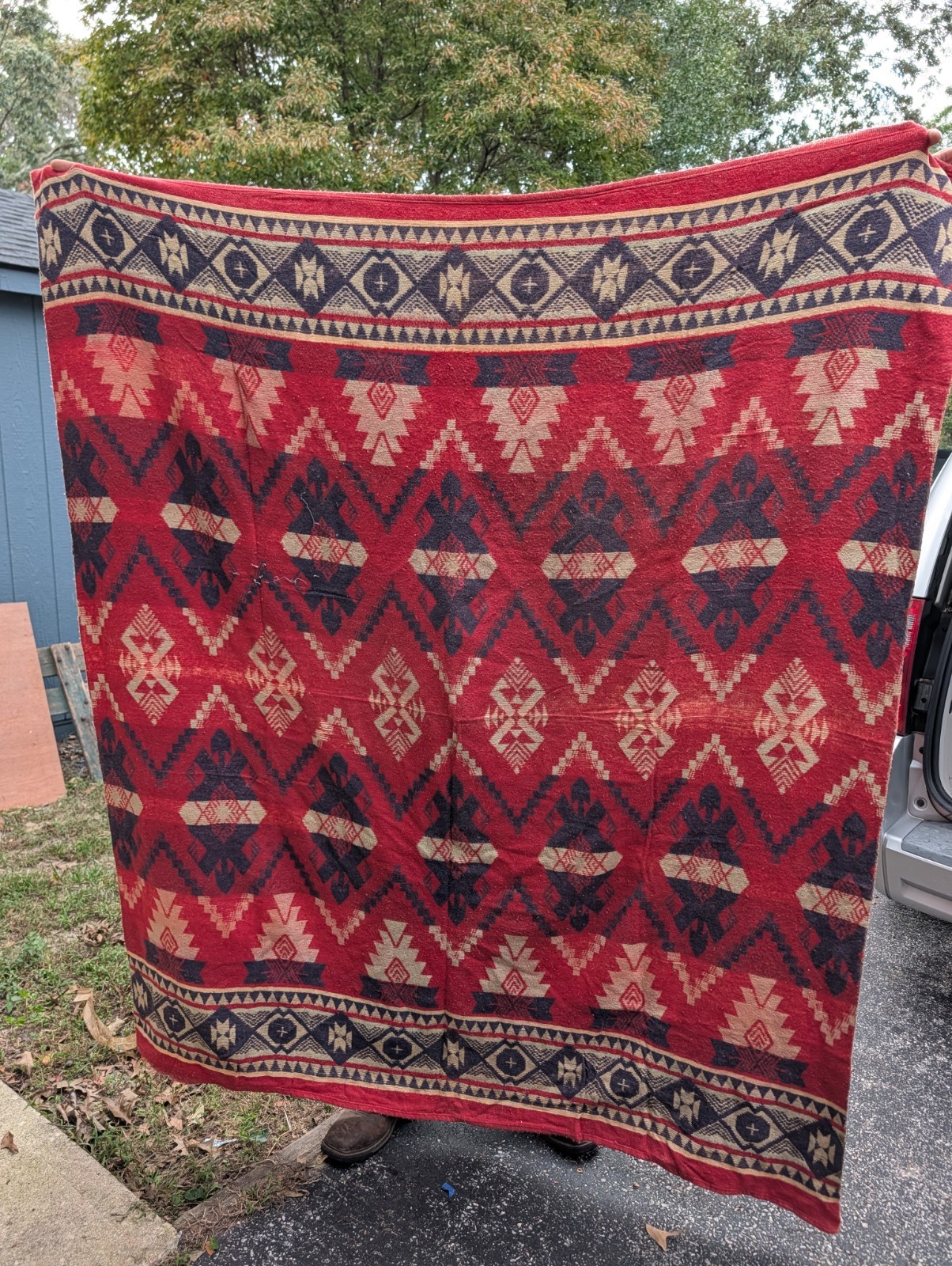 Vtg Mid Century Cotton Blend Cabin Camp Blanket Red Blue Geometric Center Seam Vtg Mid Century Cotton Blend Cabin Camp Blanket Red Blue Geometric Center Seam