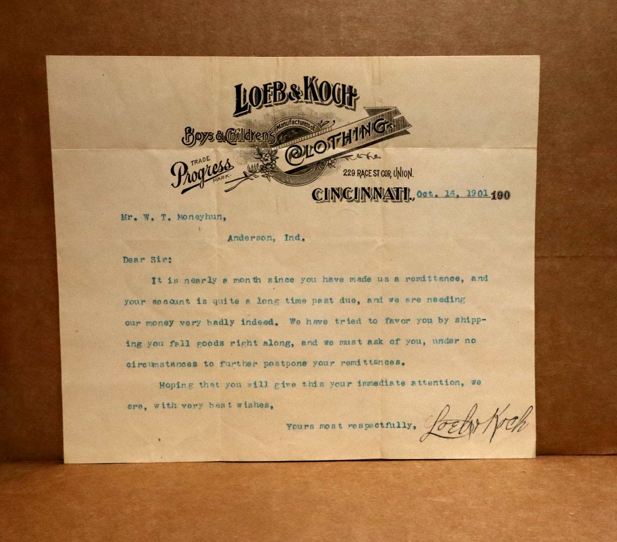 Cincinnati, OHIO Loeb & Koch Boys & Children's Clothing Antique Letterhead 1901 Cincinnati, OHIO Loeb & Koch Boys & Children's Clothing Antique Letterhead 1901