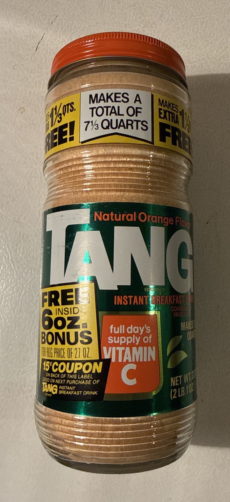 Vintage 1970's Tang Instant Orange Breakfast Drink Mix Glass Jar Full Unopened Vintage 1970's Tang Instant Orange Breakfast Drink Mix Glass Jar Full Unopened