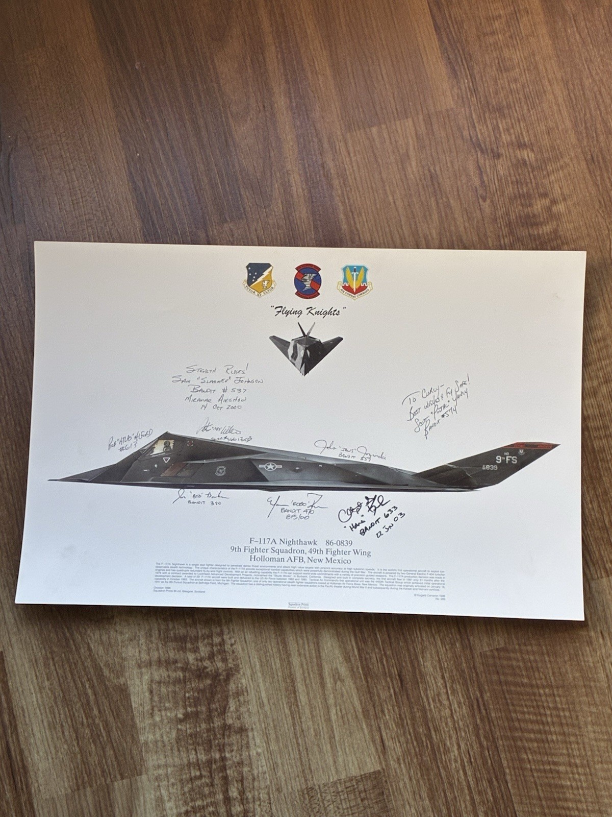 Signed F-117A Nighthawk Stealth Fighter Squadron Print - 9th FS - Bandit Pilots Signed F-117A Nighthawk Stealth Fighter Squadron Print - 9th FS - Bandit Pilots