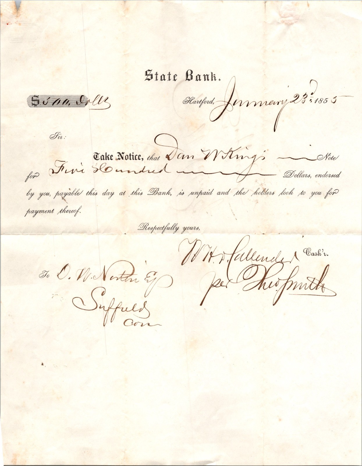 1855 RARE HARTFORD STATE BANK STAMPLESS COVER unpaid note on bank letterhead 1855 RARE HARTFORD STATE BANK STAMPLESS COVER unpaid note on bank letterhead