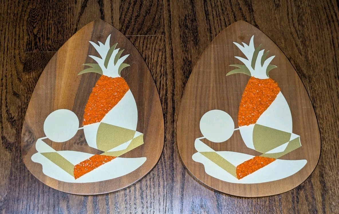 2 Mid Century Modern 1960s Atomic Tear Drop Pineapple Walnut Wall Hang Plaques 2 Mid Century Modern 1960s Atomic Tear Drop Pineapple Walnut Wall Hang Plaques