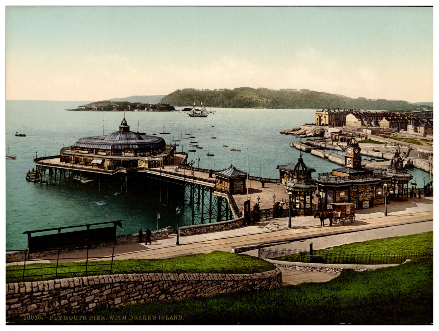 England. Plymouth. The Pier, with Drake\'s Island.  Vintage Photochrome by P.Z,