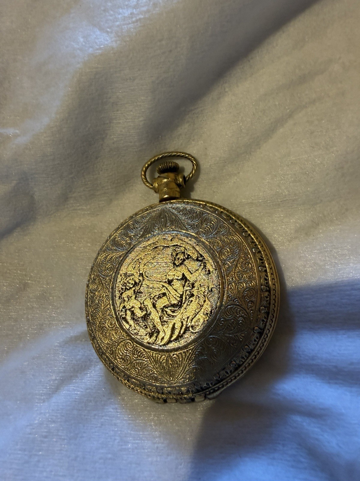 Vintage Max Factor Creme Puff Pocket Watch Compact Gold Tone Ornate Powder Mirro