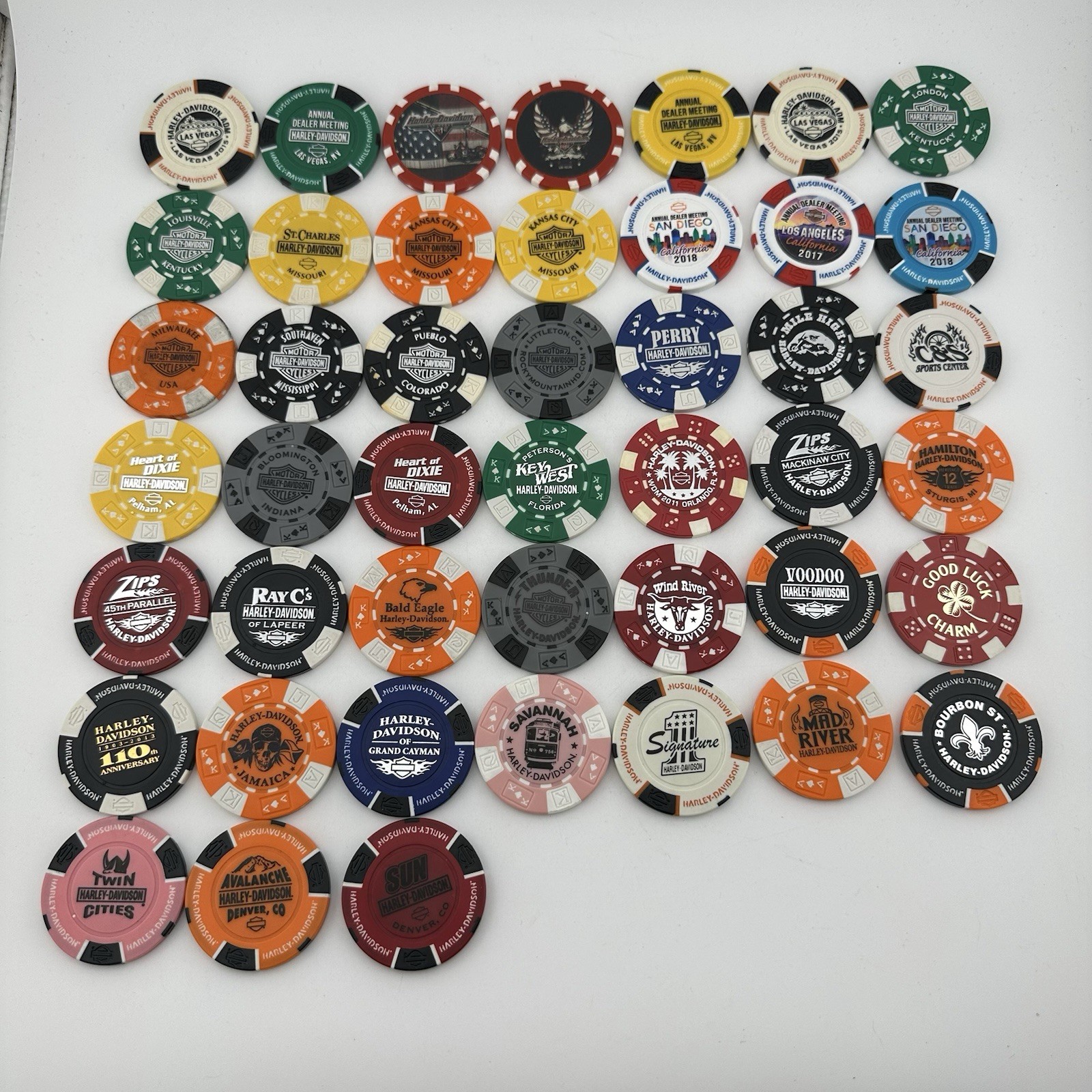 Harley Davidson Poker Chip Lot 45 Multiple States Dealers Rides Cayman Jamaica
