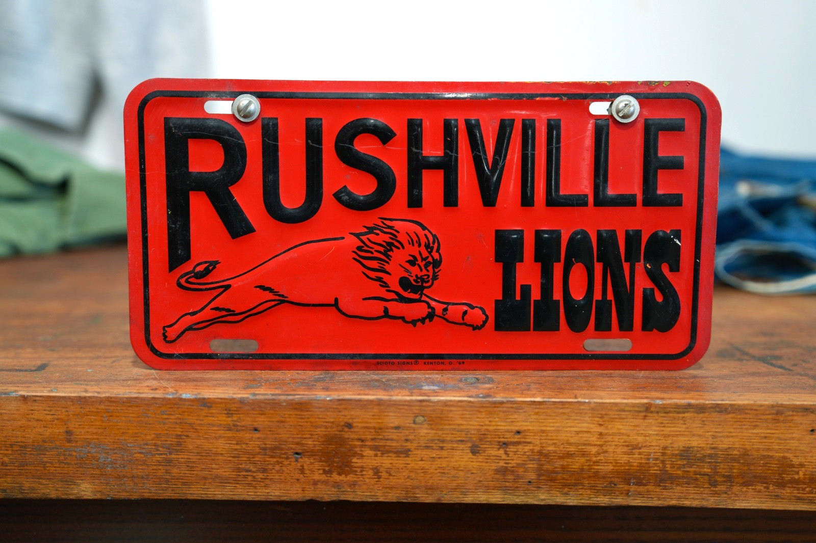 Vintage 1960s Booster License Plate Topper Sign Scioto Rushville Indiana Lions