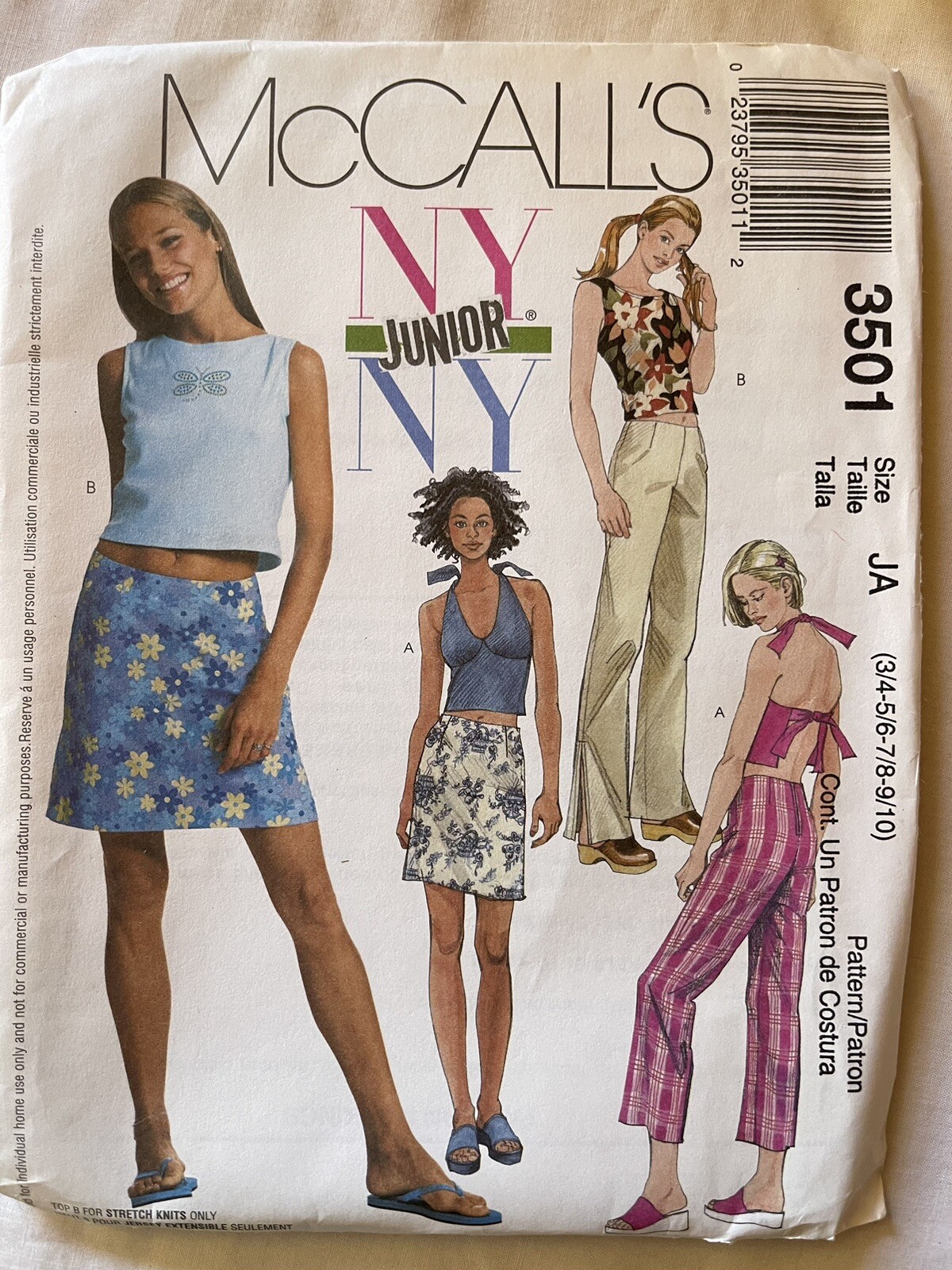 McCALL'S NY JUNIOR, 3501, SIZE JA (3/4 - 9/10) TOP, SKIRT, PANTS, * UNCUT * 2002 McCALL'S NY JUNIOR, 3501, SIZE JA (3/4 - 9/10) TOP, SKIRT, PANTS, * UNCUT * 2002