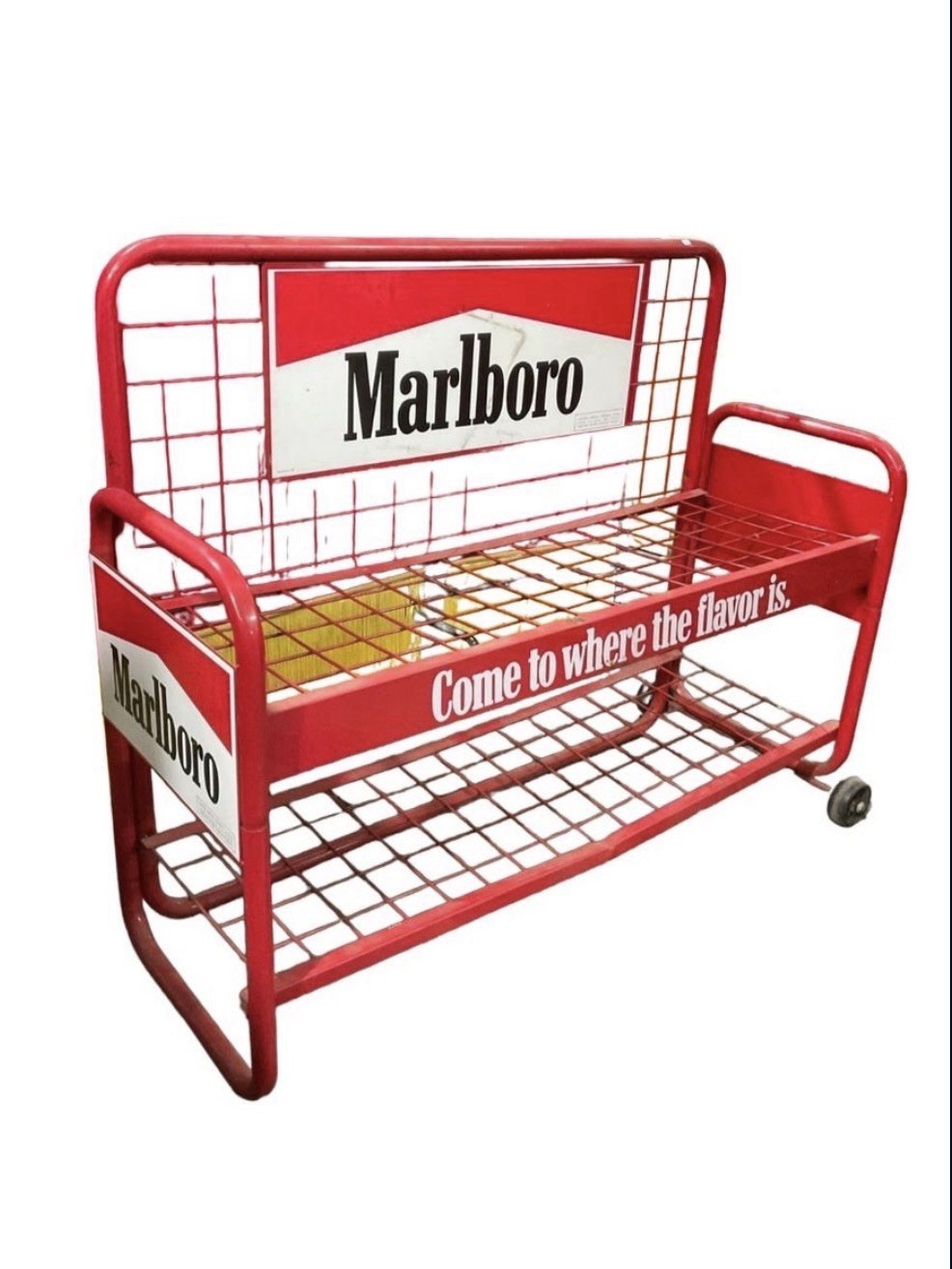 Vintage Marlboro Rolling Metal Wheeled Shelving Cart Tobacco Advertising Vintage Marlboro Rolling Metal Wheeled Shelving Cart Tobacco Advertising